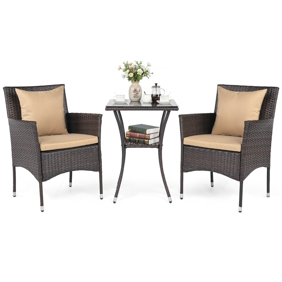 LIVSK Balkonmeubelset - Handgeweven PE-rotan - Ergonomische Fauteuils - Stabiele Metaalconstructie - Mix Bruin en Geel