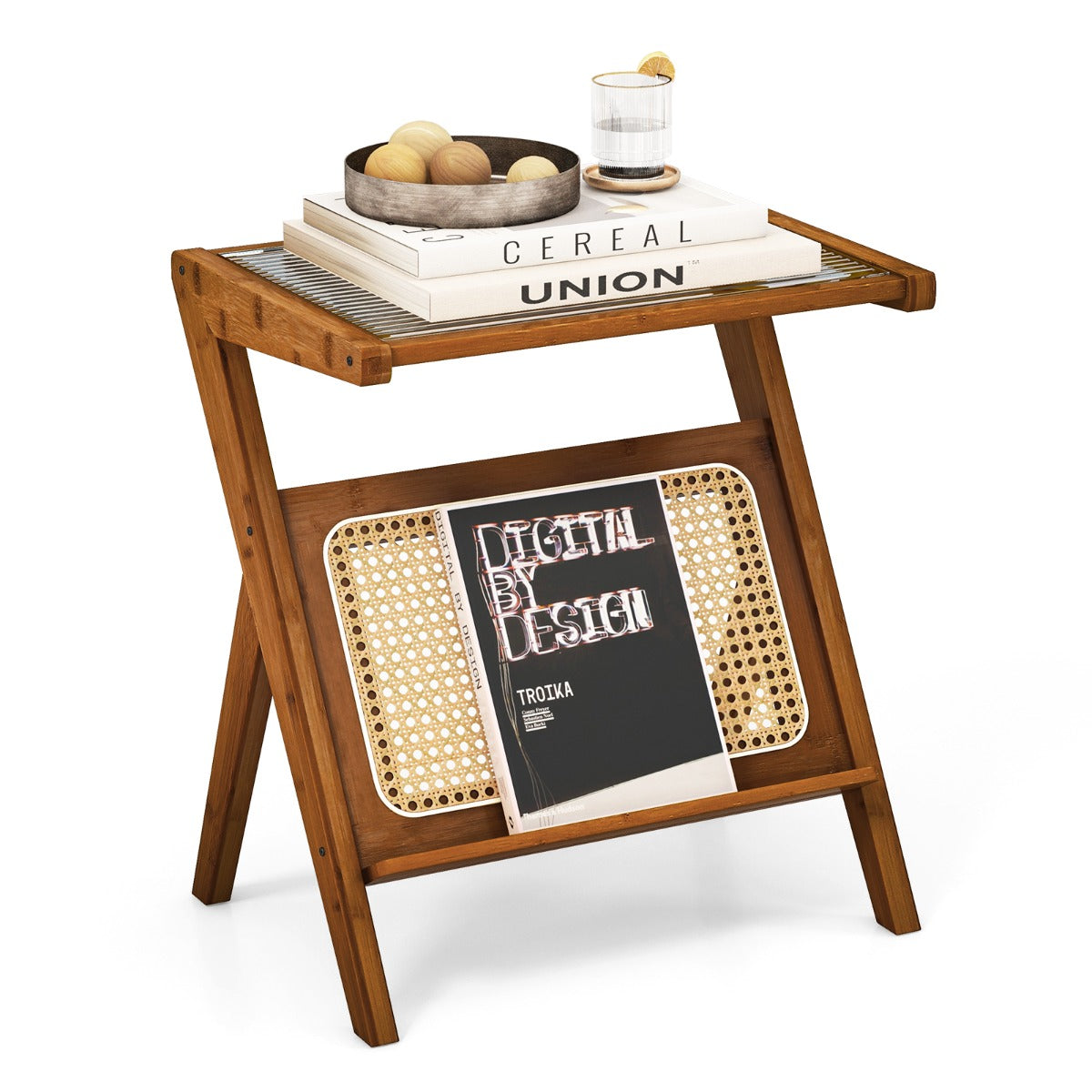 LIVSK Bamboe Bijzettafel - Z-vormig Onderstel - Glazen Blad - Tijdschriftenhouder - Notelaar - 50 x 36 x 56 cm