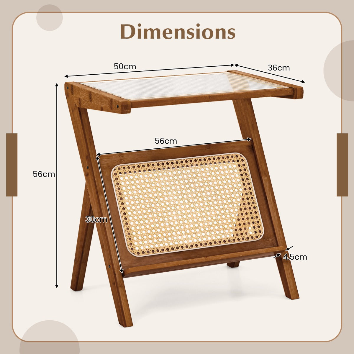 LIVSK Bamboe Bijzettafel - Z-vormig Onderstel - Glazen Blad - Tijdschriftenhouder - Notelaar - 50 x 36 x 56 cm