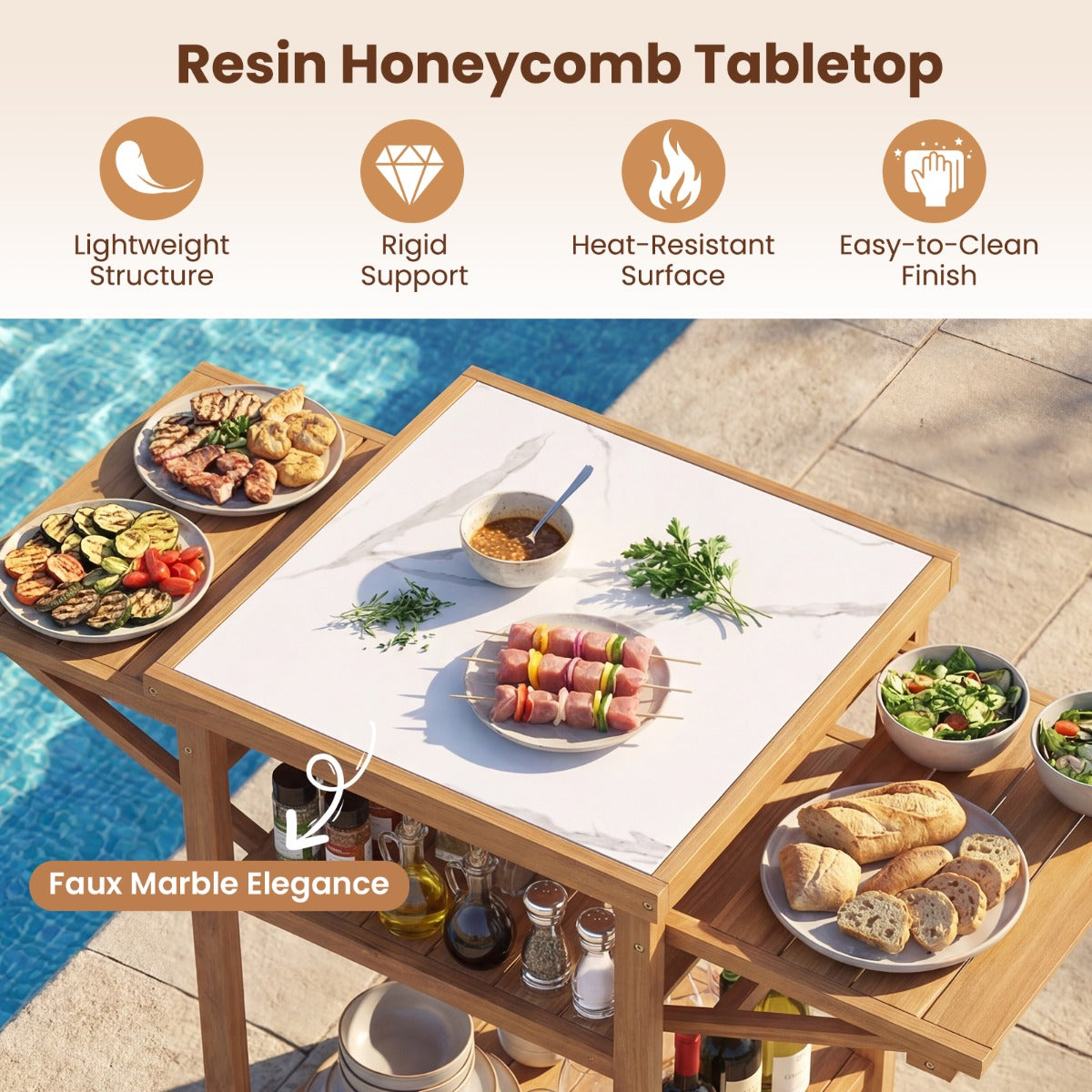 LIVSK Barbecue-tafel - Acaciahout - Opklapbare Zijplanken - Waterdicht Werkblad - Verstelbare Voetjes - Naturel