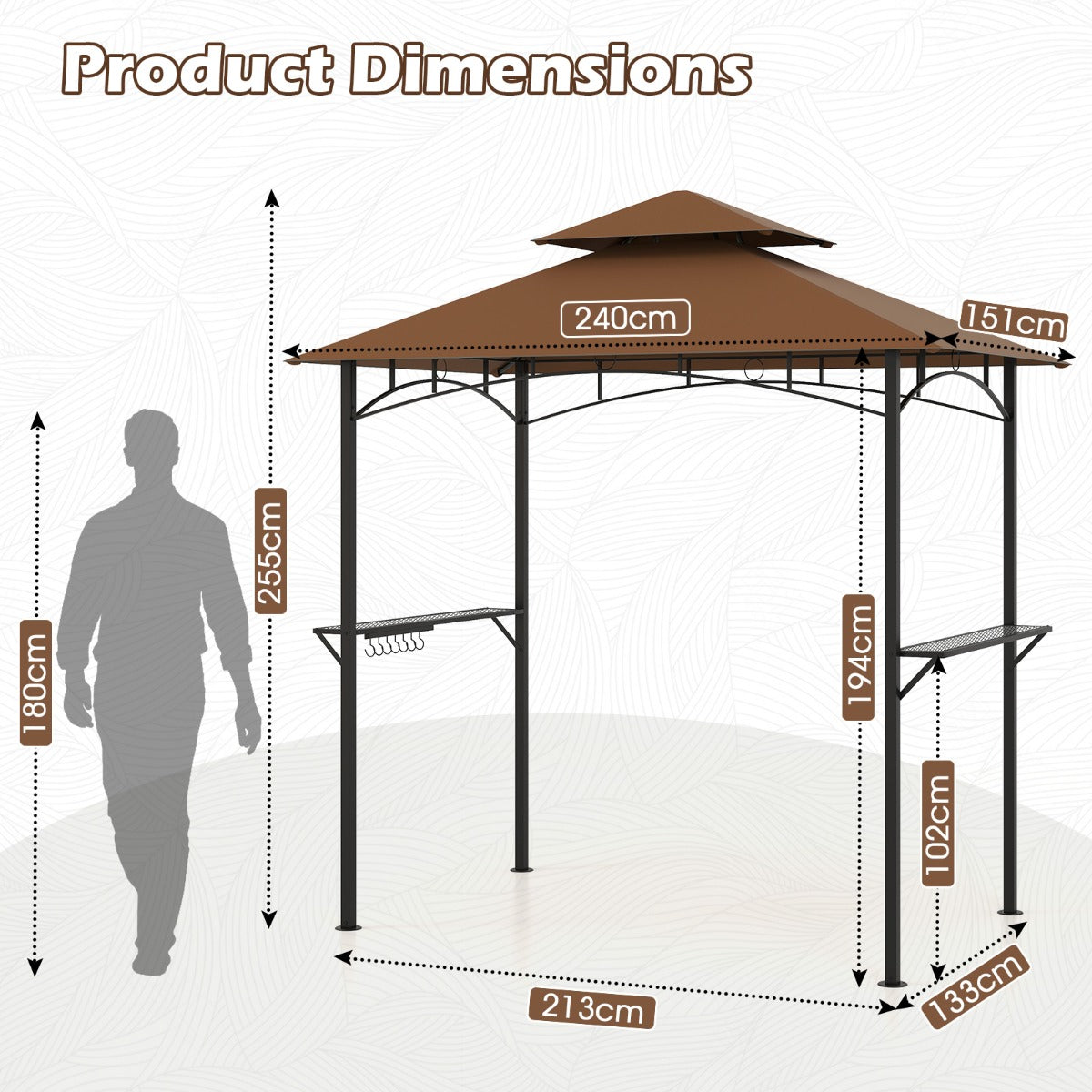 LIVSK Barbecueprieel - Weerbestendig Polyester Dak - Stabiel Metaalframe - 2 Zijplanken en 7 Haken - 240 x 151 cm - Bruin