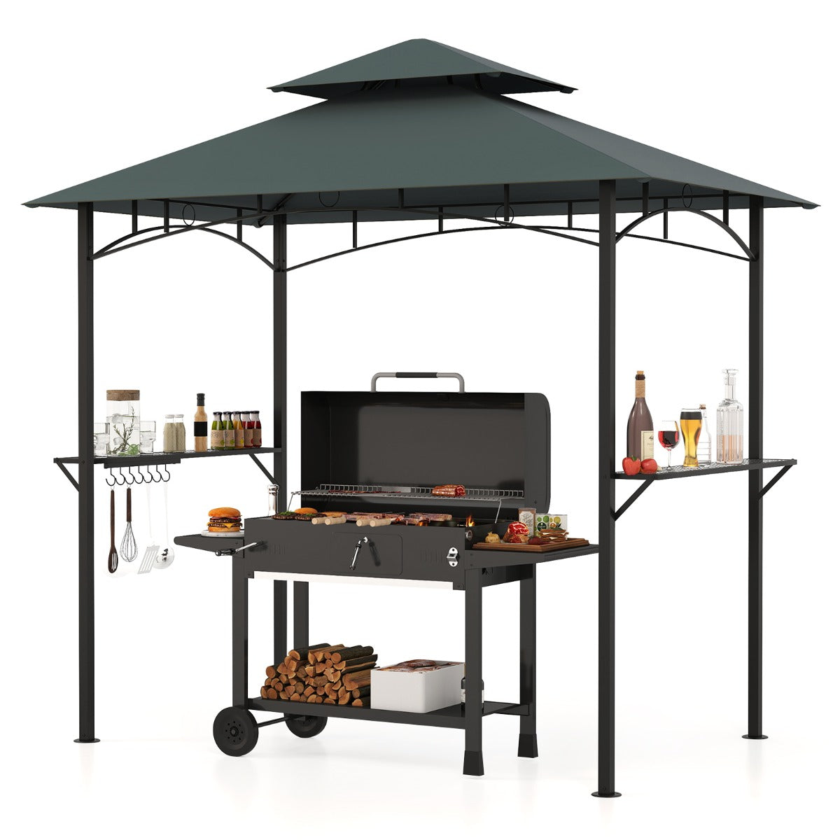 LIVSK Barbecueprieel - Weerbestendig Polyester - Metalen Frame - 2 Zijplanken & 7 Haken - 240 x 151 x 255 cm - Bruin/Grijs