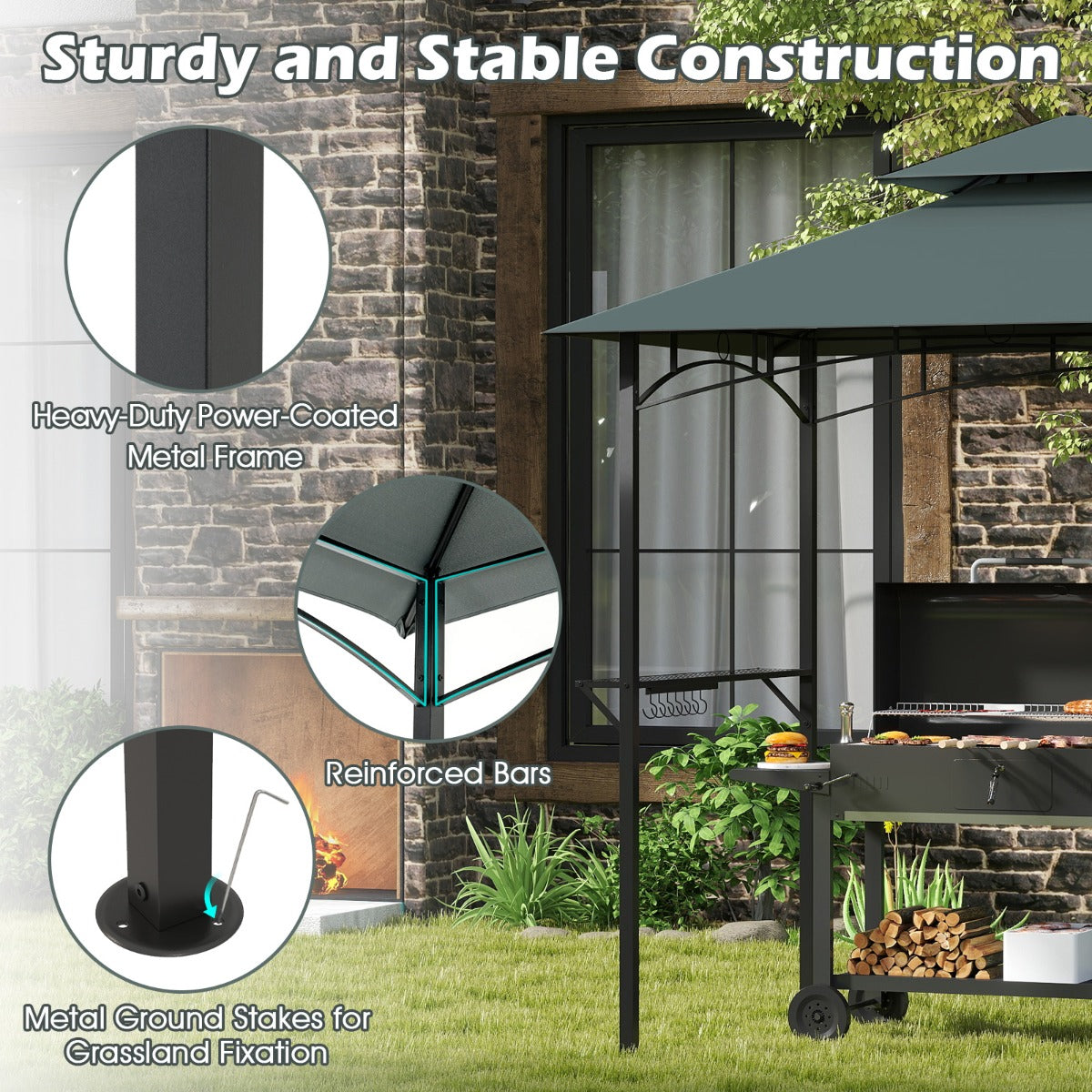 LIVSK Barbecueprieel - Weerbestendig Polyester - Metalen Frame - 2 Zijplanken & 7 Haken - 240 x 151 x 255 cm - Bruin/Grijs
