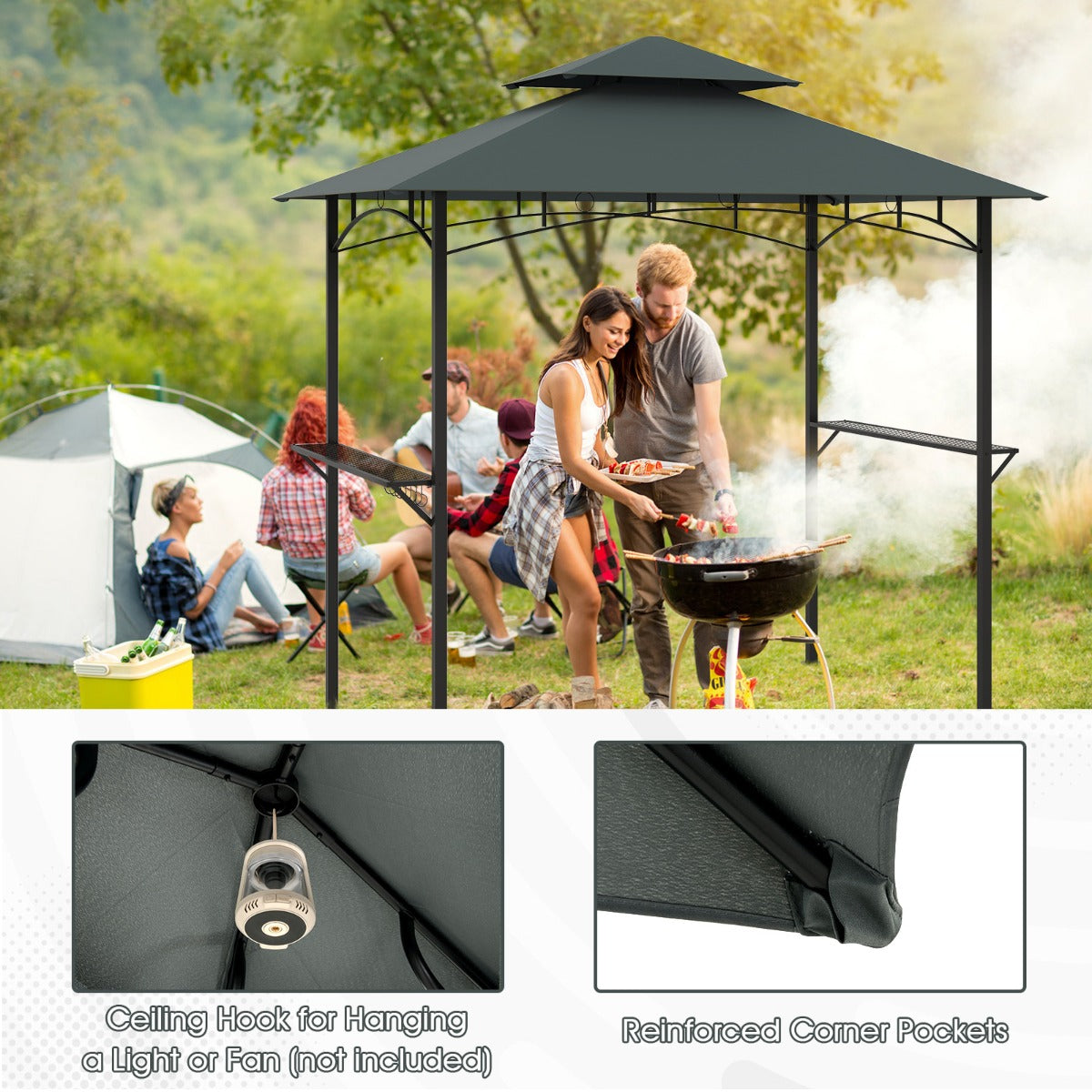 LIVSK Barbecueprieel - Weerbestendig Polyester - Metalen Frame - 2 Zijplanken & 7 Haken - 240 x 151 x 255 cm - Bruin/Grijs