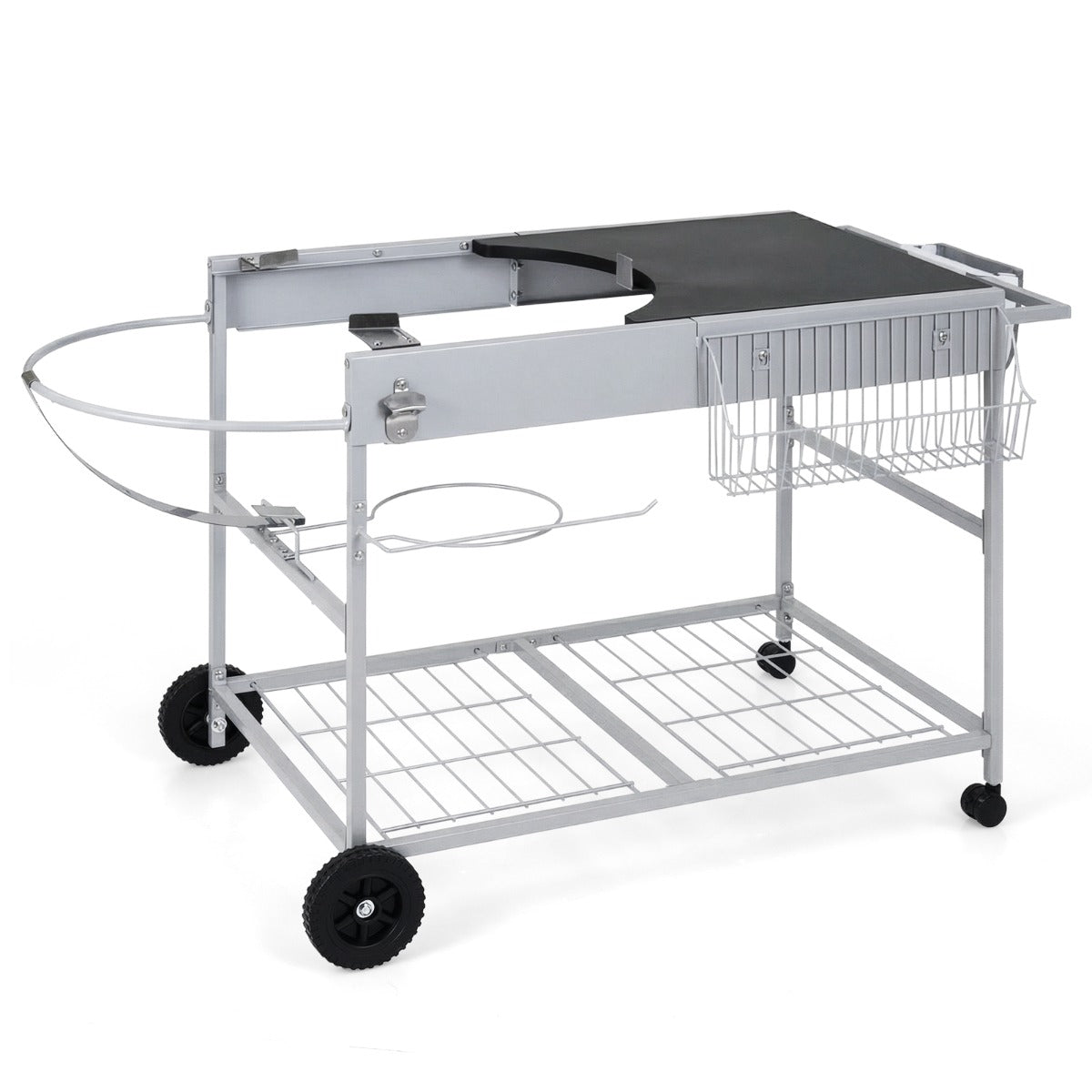 LIVSK Barbecuewagen - Geschikt voor 18-22 inch Barbecues - Ruim Werkblad - Vergrendelbare Wielen - Zilver + Zwart