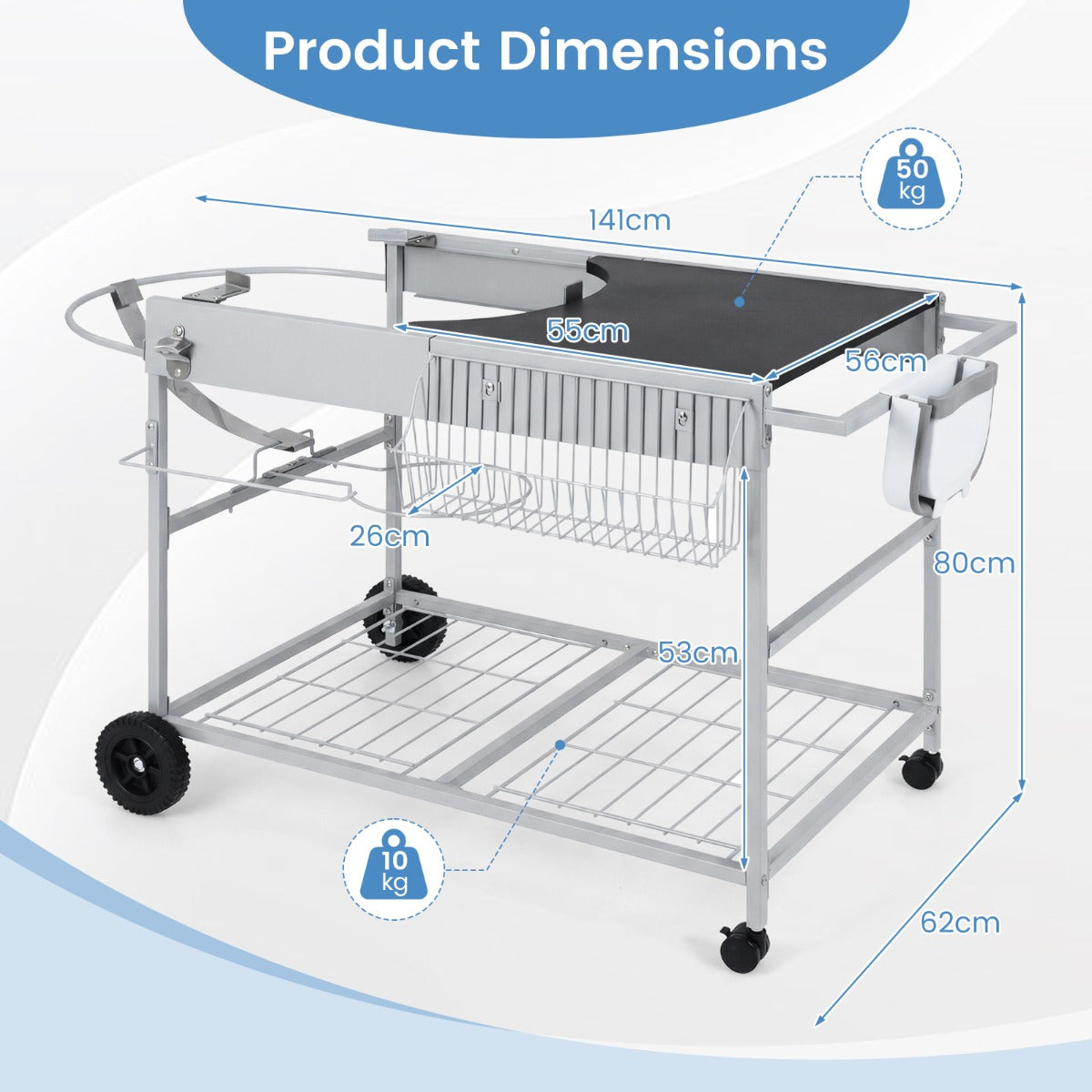 LIVSK Barbecuewagen - Geschikt voor 18-22 inch Barbecues - Ruim Werkblad - Vergrendelbare Wielen - Zilver + Zwart