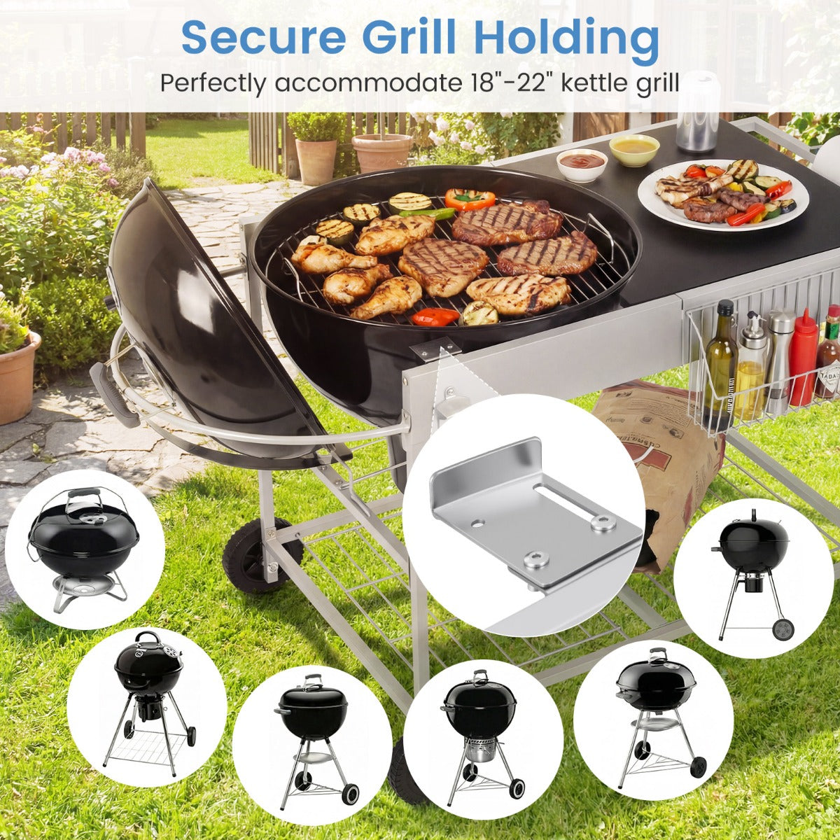 LIVSK Barbecuewagen - Geschikt voor 18-22 inch Barbecues - Ruim Werkblad - Vergrendelbare Wielen - Zilver + Zwart