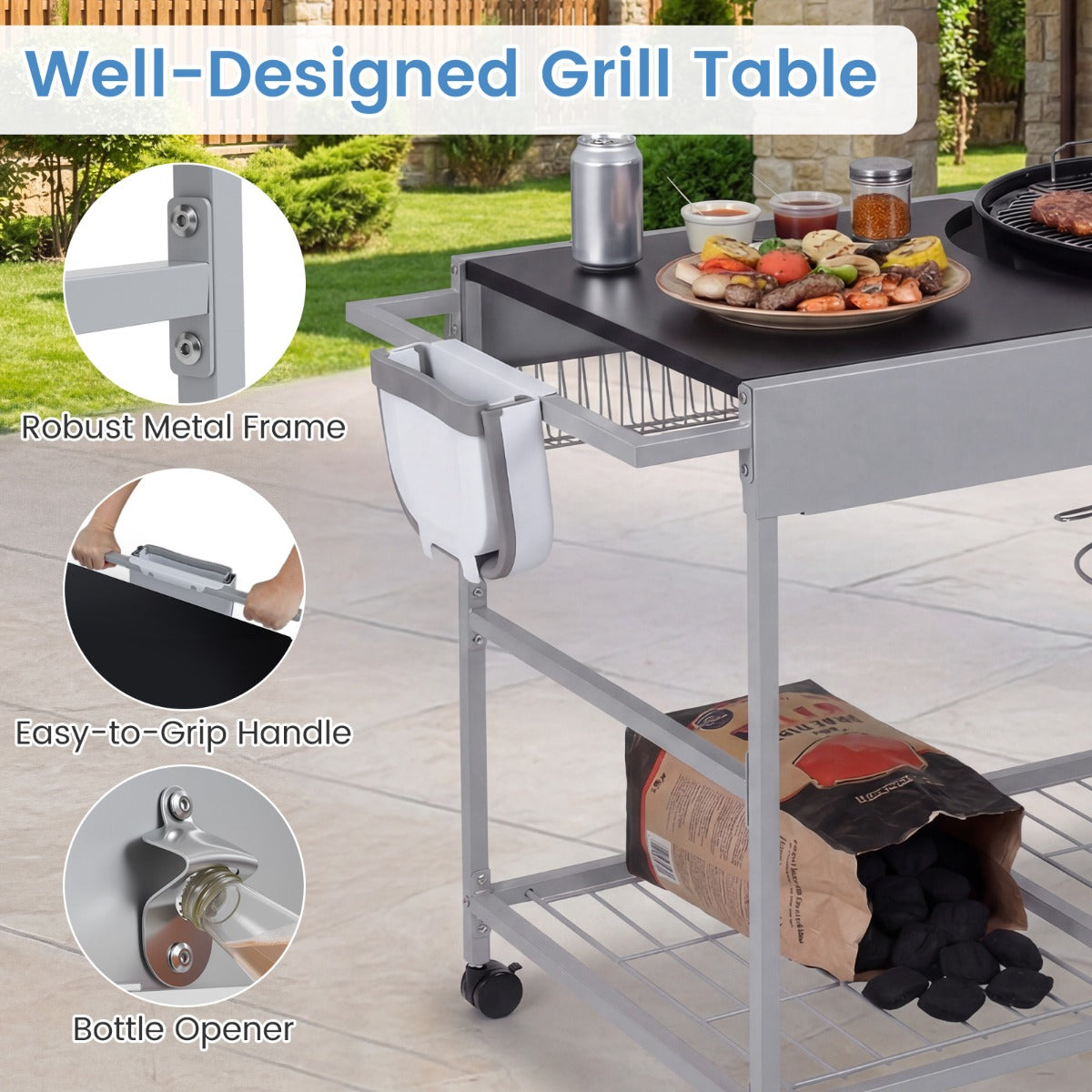 LIVSK Barbecuewagen - Geschikt voor 18-22 inch Barbecues - Ruim Werkblad - Vergrendelbare Wielen - Zilver + Zwart