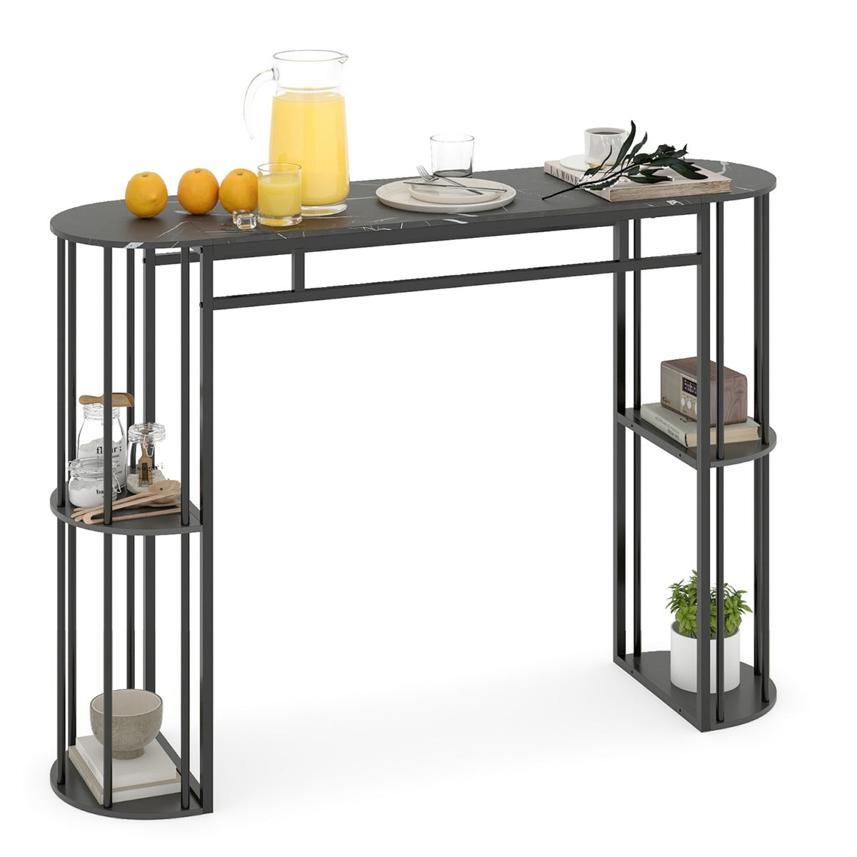 LIVSK Bartafel - Chique Kunstmarmerlook - Ruime Opbergruimte - Robuust Metalen Frame - 150 x 40 x 105 cm - Zwart/Goud en Wit