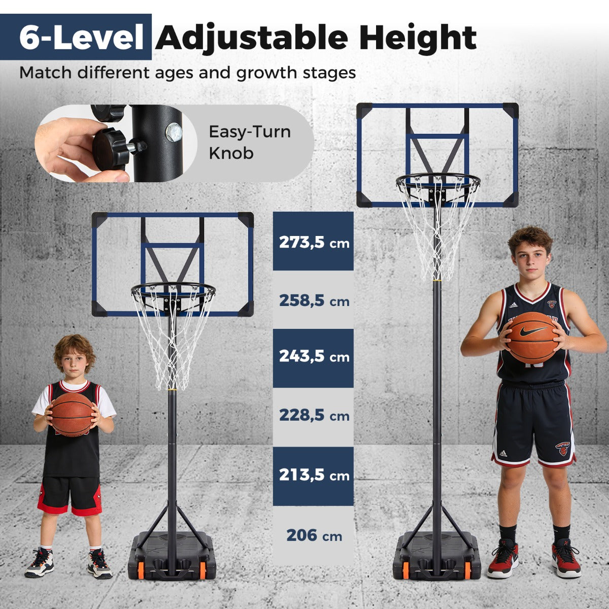 LIVSK Basketbalpaal - 6-traps Verstelbaar - Robuust Metaal - Vulbare Basis - Voor Binnen en Buiten - Blauw + Zwart