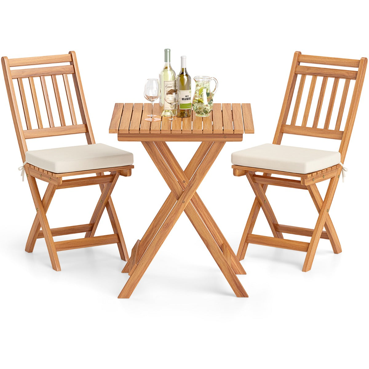 LIVSK Bistroset - Acaciahout - 2 Opvouwbare Stoelen met Kussens - Ruimtebesparend Ontwerp - Natuurlijk en Crèmewit
