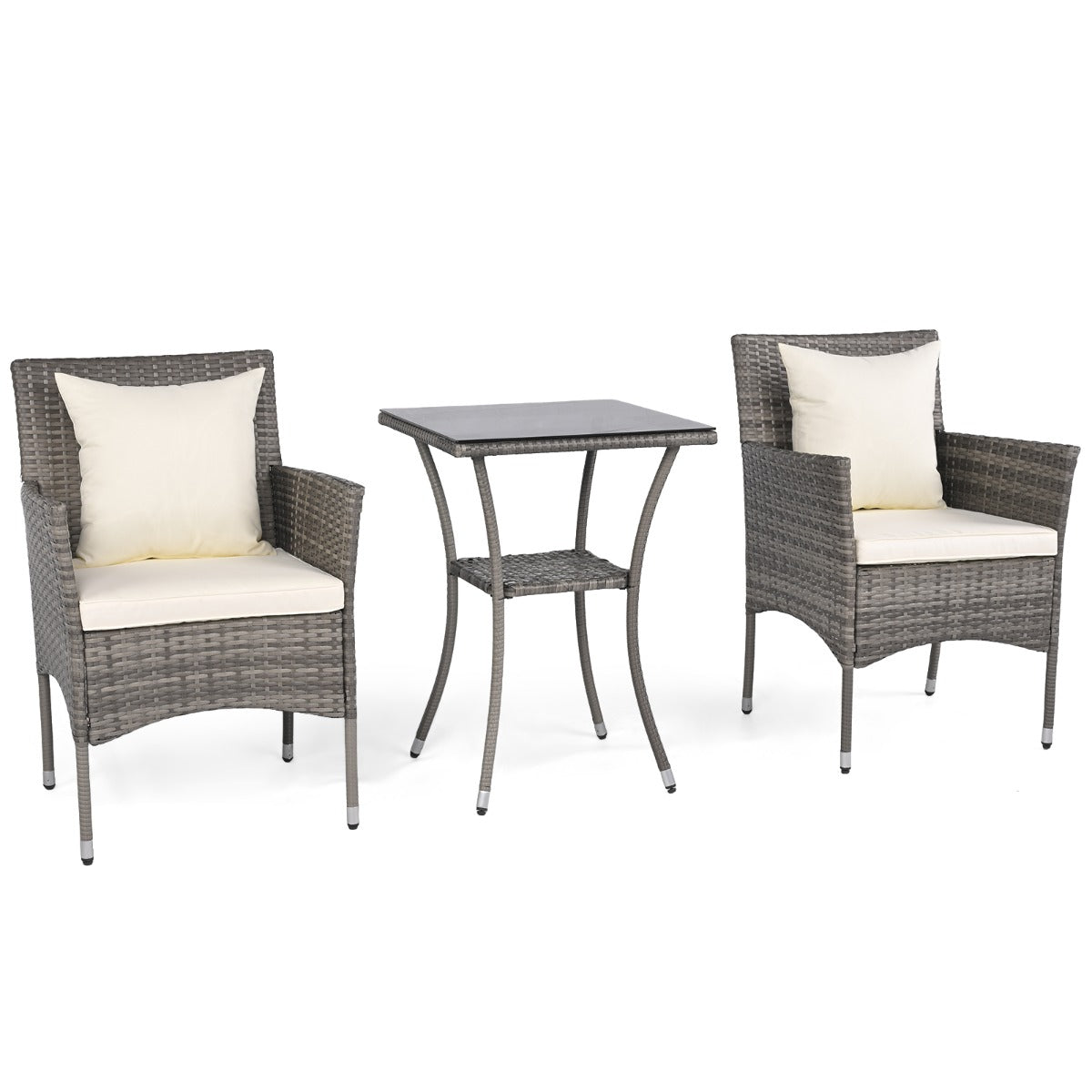 LIVSK Bistroset - Duurzaam PE-Rotan - Ergonomische Stoelen met Kussens - Dubbele Tafel met Glas - Grijsmix