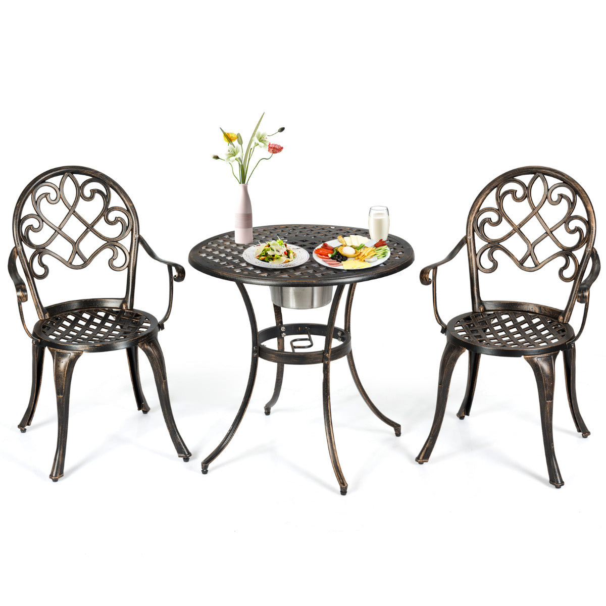 LIVSK Bistroset - Elegant Design - Duurzaam Gegoten Aluminium - Afneembare IJsemmer - Ergonomische Stoelen - Antiek Brons