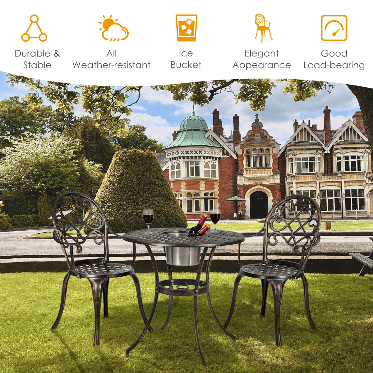 LIVSK Bistroset - Elegant Design - Duurzaam Gegoten Aluminium - Afneembare IJsemmer - Ergonomische Stoelen - Antiek Brons