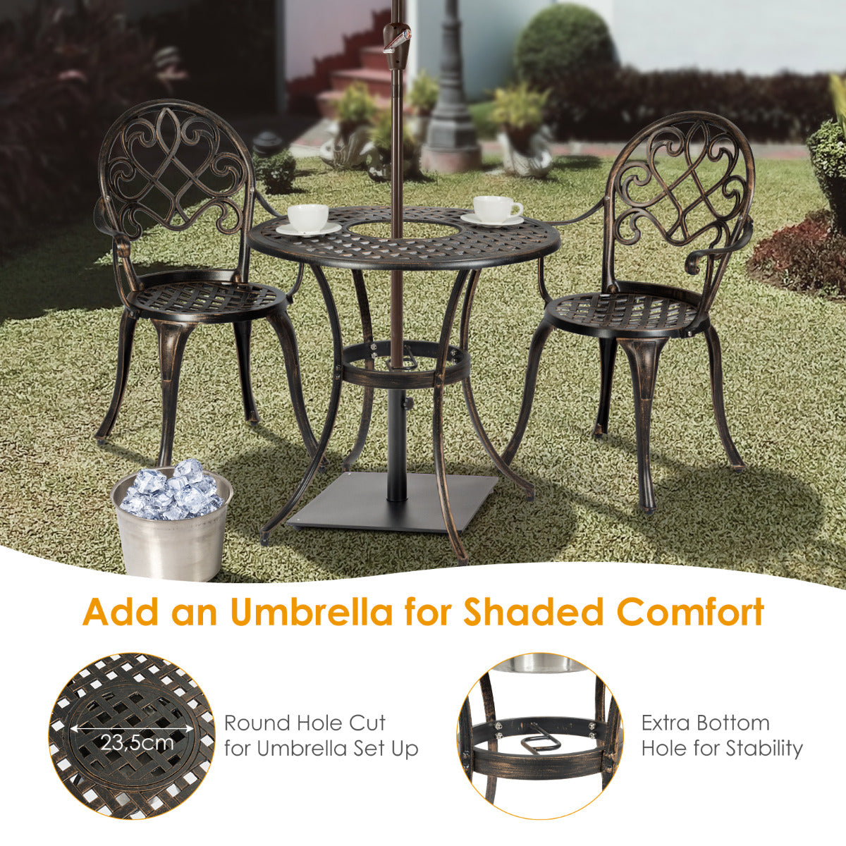 LIVSK Bistroset - Elegant Design - Duurzaam Gegoten Aluminium - Afneembare IJsemmer - Ergonomische Stoelen - Antiek Brons
