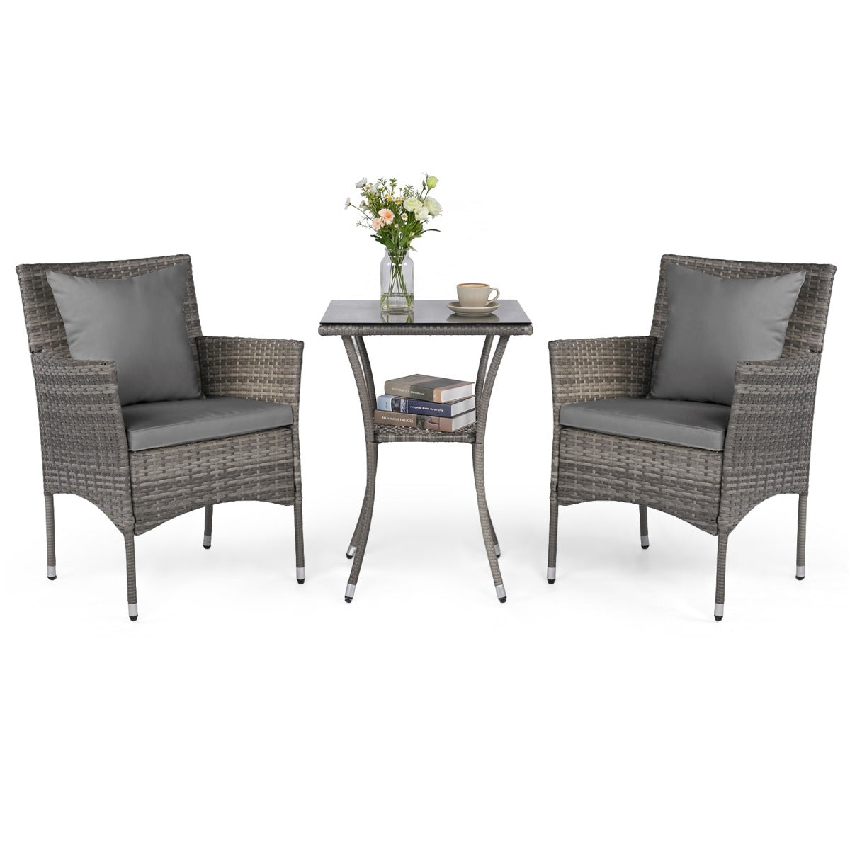LIVSK Bistroset - Elegant Rotan - Ergonomische Stoelen - Gehard Glazen Tafel - Voor Terras en Tuin - Grijsmix