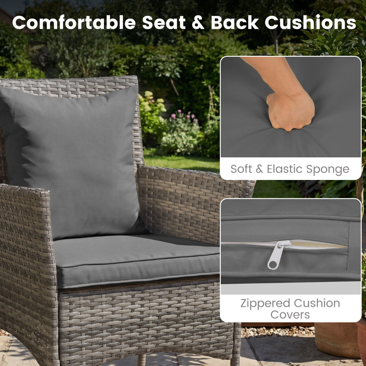 LIVSK Bistroset - Elegant Rotan - Ergonomische Stoelen - Gehard Glazen Tafel - Voor Terras en Tuin - Grijsmix