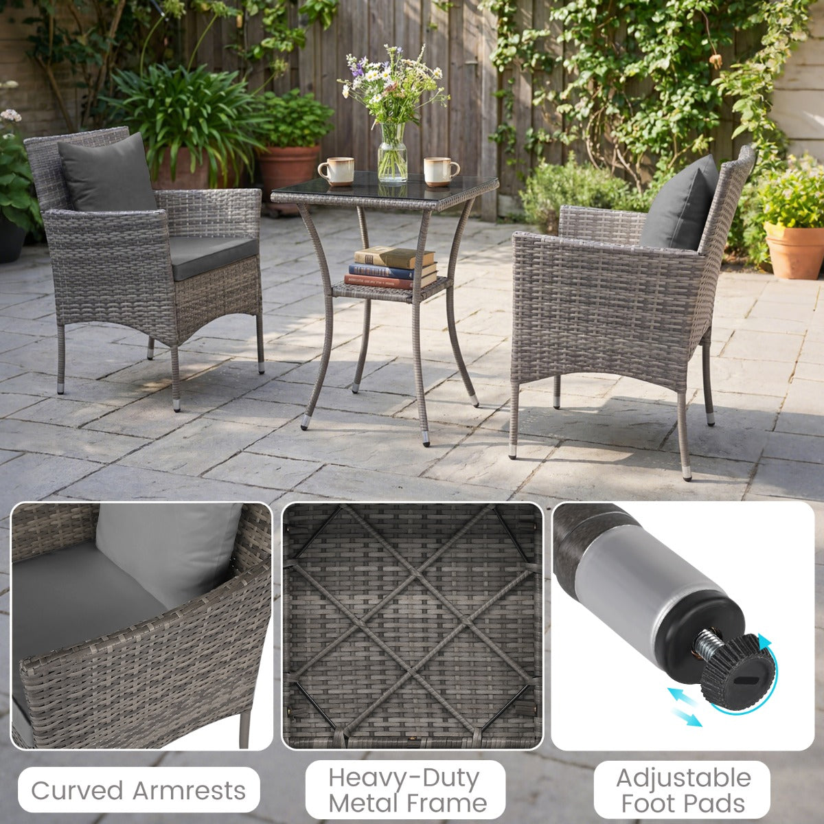 LIVSK Bistroset - Elegant Rotan - Ergonomische Stoelen - Gehard Glazen Tafel - Voor Terras en Tuin - Grijsmix