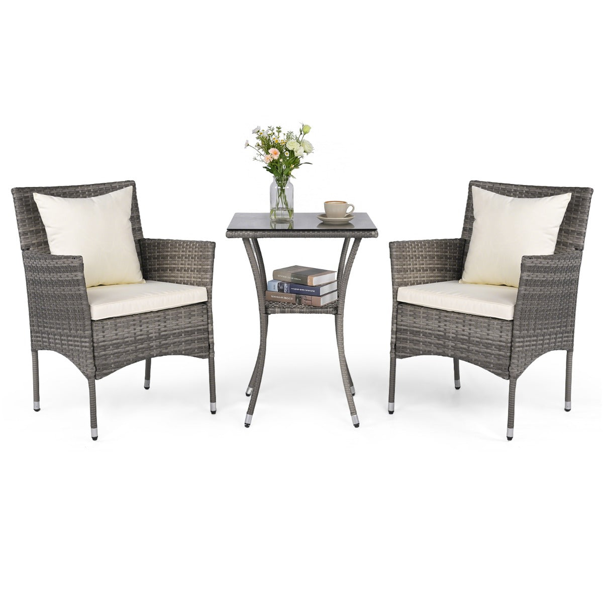 LIVSK Bistroset - Handgeweven PE-Rotan - Ergonomische Stoelen met Kussens - Praktische Tafel met Dubbel Schap - Grijsmix