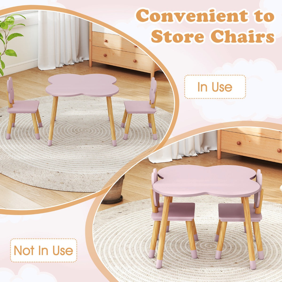 LIVSK Bloemvormige Kindertafelset - Inclusief 2 Stoelen - Veilig en Multifunctioneel - Eenvoudige Montage - Wit/Roze