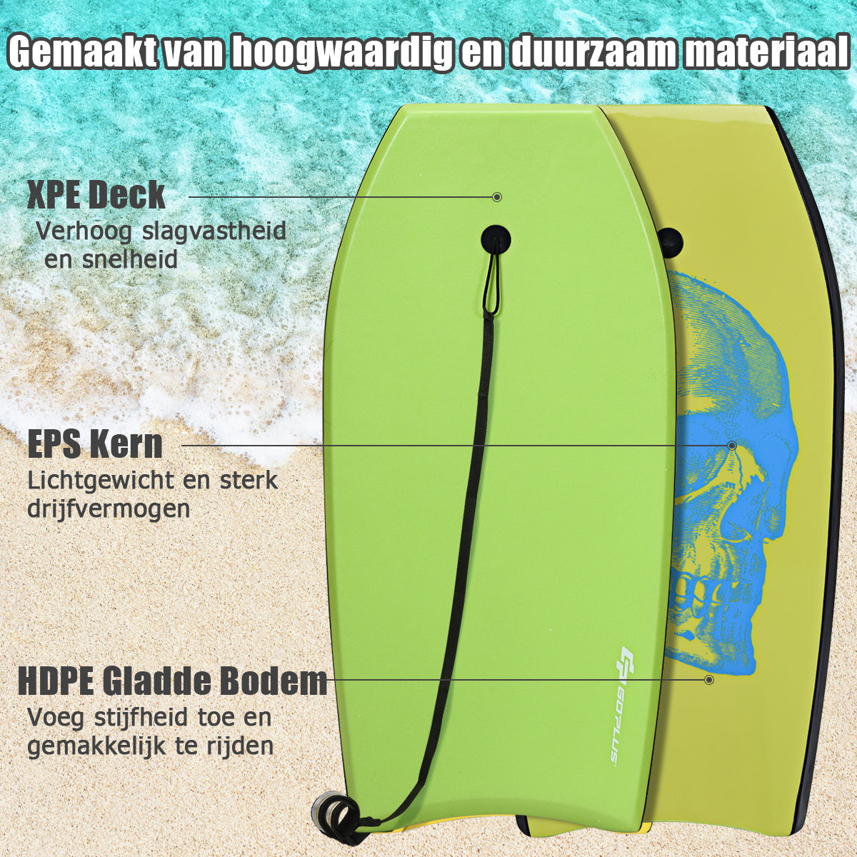 LIVSK Bodyboard - Lichtgewicht EPS-kern - XPE-dek - Halvemaanvormig Ontwerp - Voor Kinderen en Volwassenen - Groen