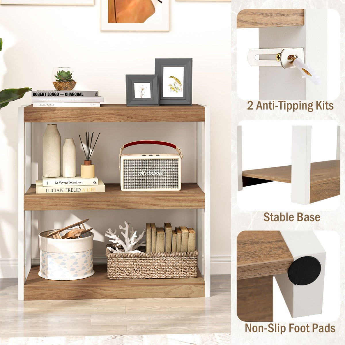 LIVSK Boekenkast - 3 Open Planken - Stevig Metaal - Veiligheidsvoorzieningen - Ruimtebesparend - Naturel