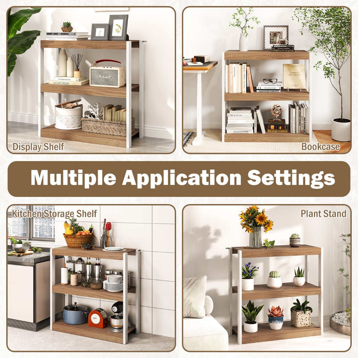 LIVSK Boekenkast - 3 Open Planken - Stevig Metaal - Veiligheidsvoorzieningen - Ruimtebesparend - Naturel