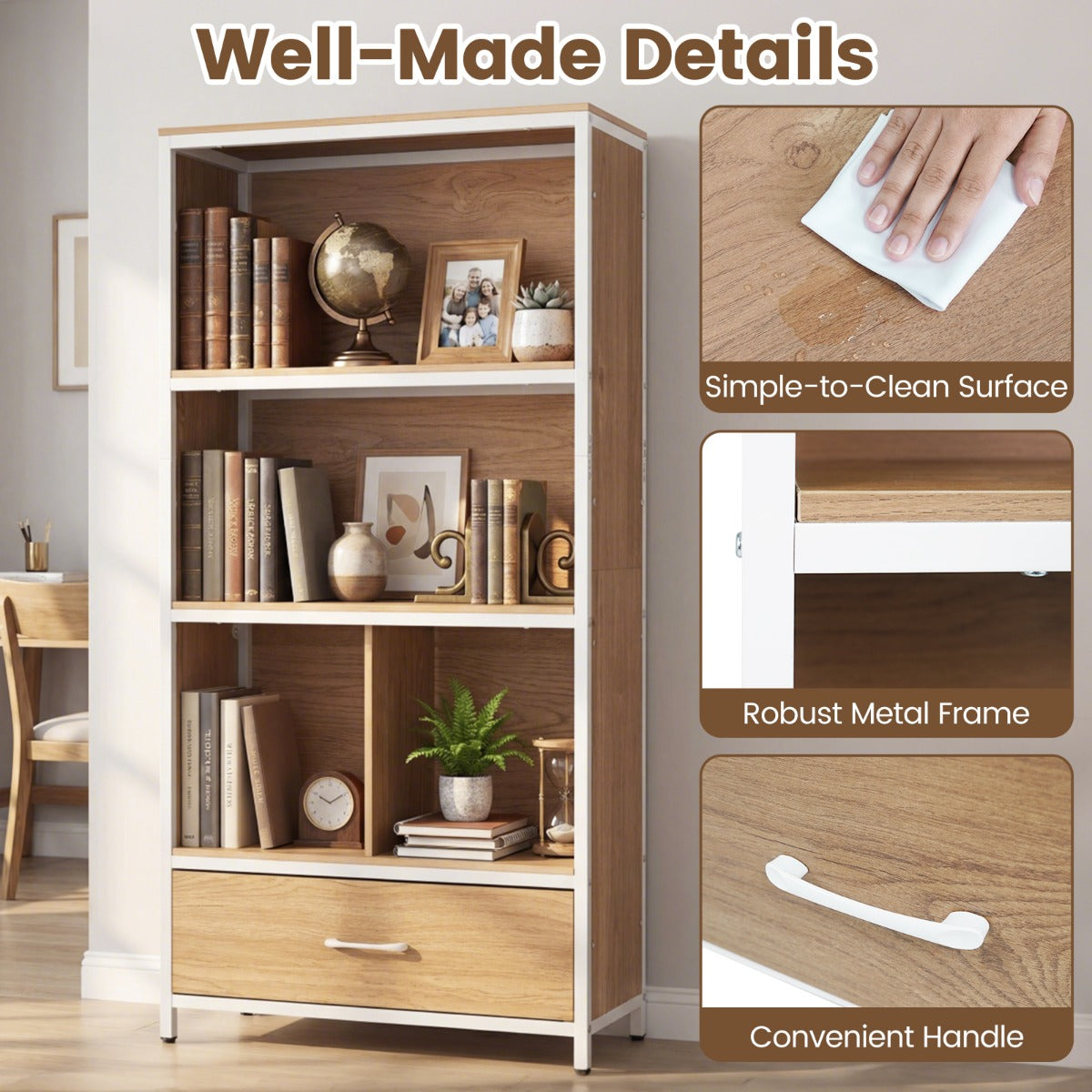 LIVSK Boekenkast - 5 Opbergvakken - Stabiele Houten en Metalen Constructie - Kantelbeveiliging - Bruin/Naturel