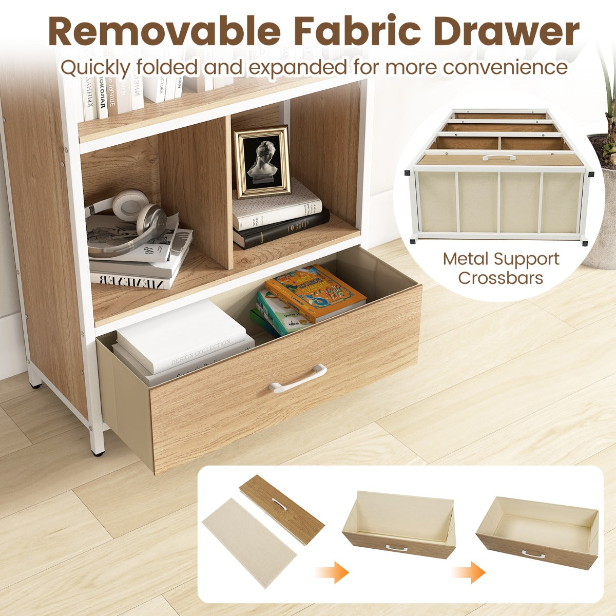 LIVSK Boekenkast - 5 Opbergvakken - Stabiele Houten en Metalen Constructie - Kantelbeveiliging - Bruin/Naturel