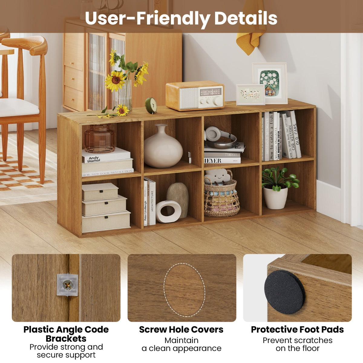 LIVSK Boekenkast - 8 Open Vakken - Versterkt Hout - Kantelbeveiligingen - Antislipvoetjes - Naturel