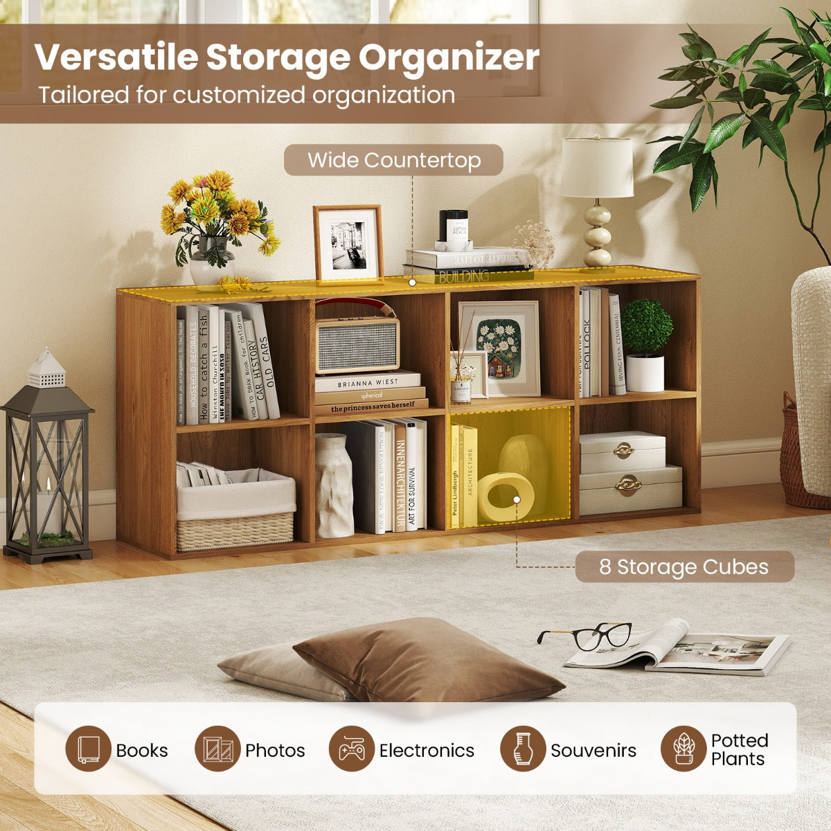 LIVSK Boekenkast - 8 Open Vakken - Versterkt Hout - Kantelbeveiligingen - Antislipvoetjes - Naturel