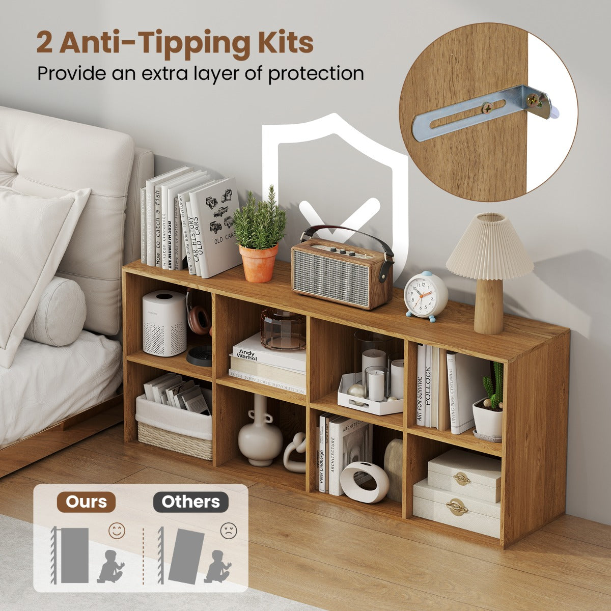 LIVSK Boekenkast - 8 Open Vakken - Versterkt Hout - Kantelbeveiligingen - Antislipvoetjes - Naturel