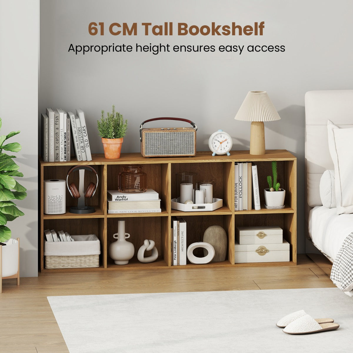 LIVSK Boekenkast - 8 Open Vakken - Versterkt Hout - Kantelbeveiligingen - Antislipvoetjes - Naturel