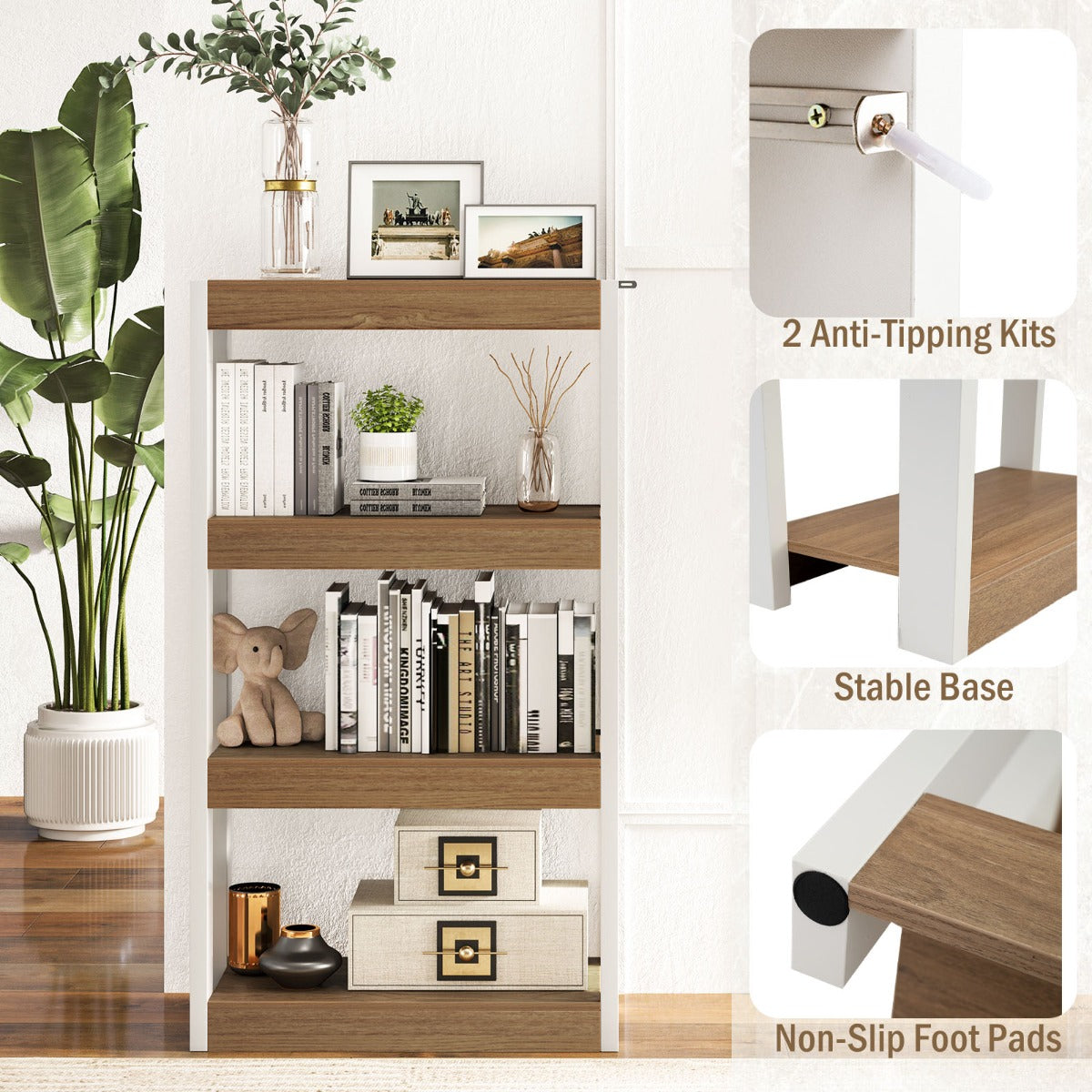 LIVSK Boekenkast - Duurzaam Hout - 4 Planken - Kantelbeveiliging - Multifunctioneel - Naturel & Wit