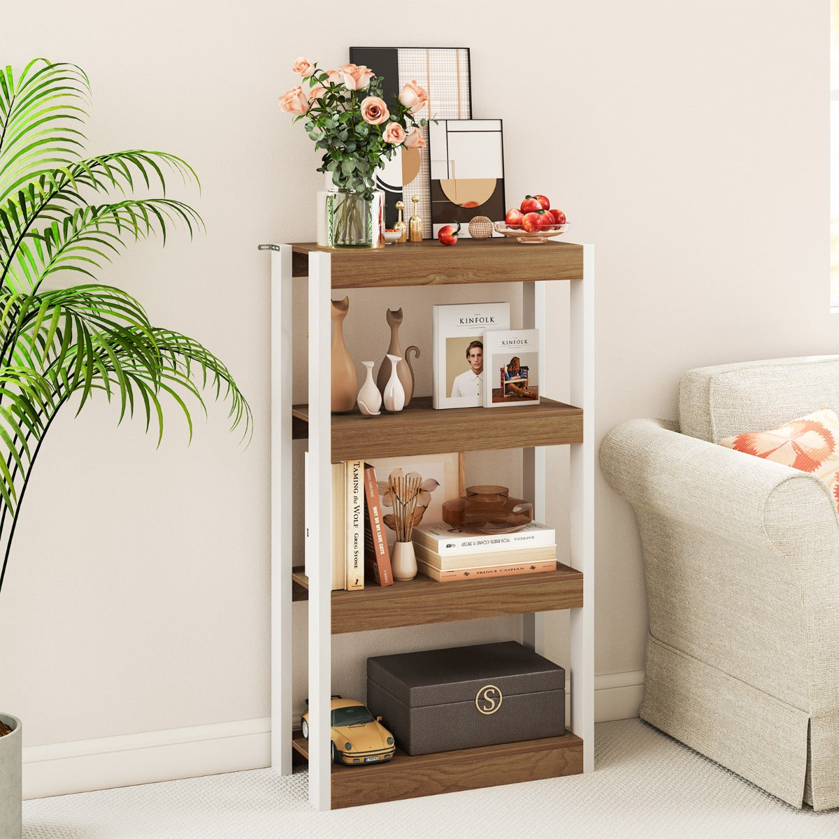 LIVSK Boekenkast - Duurzaam Hout - 4 Planken - Kantelbeveiliging - Multifunctioneel - Naturel & Wit