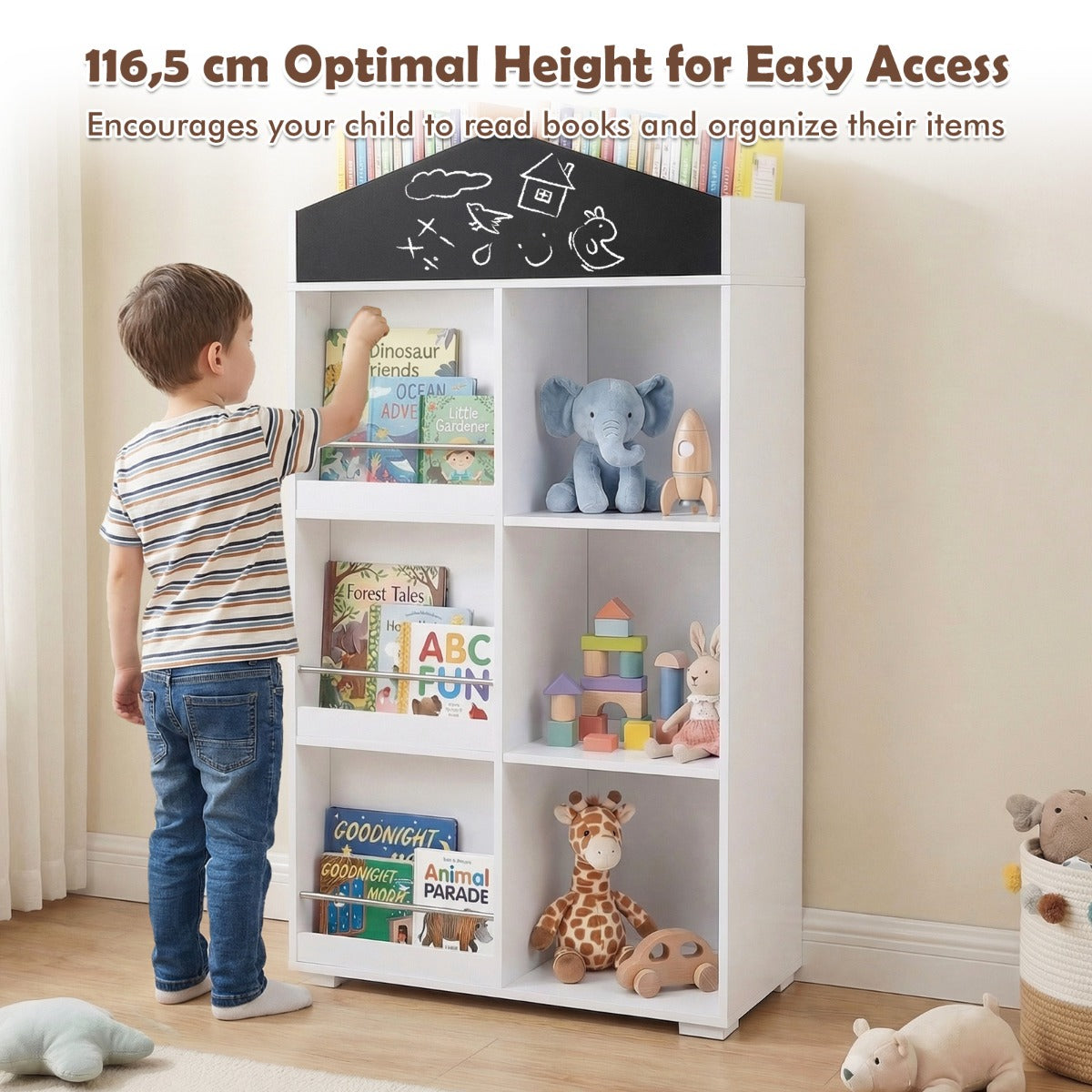 LIVSK Boekenkast in Huisvorm - 3 Planken - Ingebouwd Krijtbord - Veilig en Toegankelijk - Wit