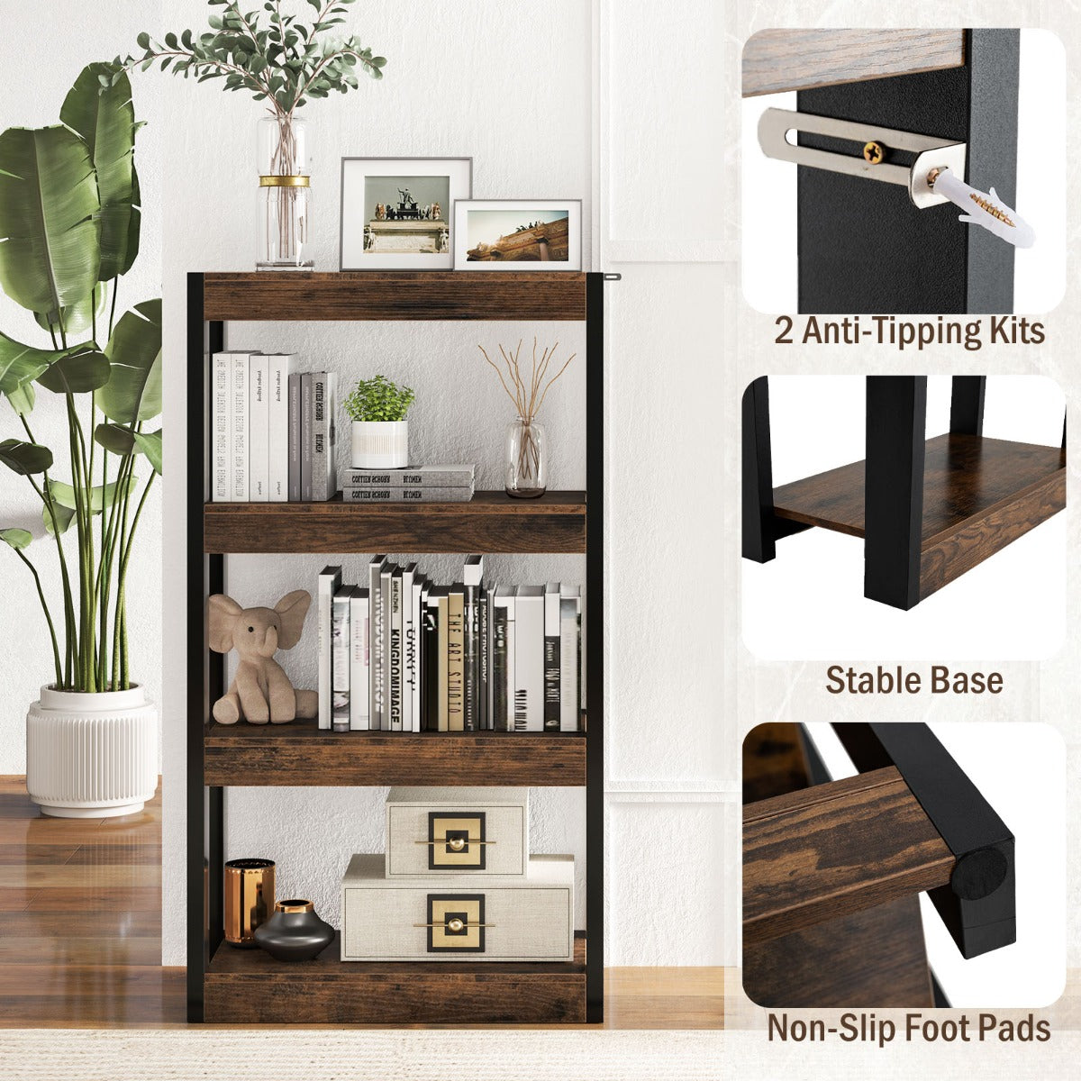 LIVSK Boekenkast met 4 Planken - Houten Constructie - Kantelbeveiliging - Ondersteunt Tot 80 kg - Naturel & Wit