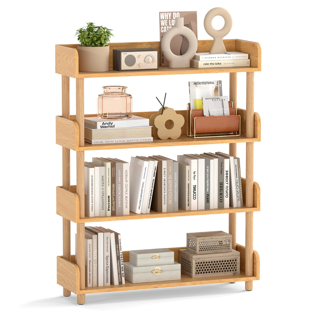 LIVSK Boekenkast - Natuurlijk Grenenhout - 3/4/5 Niveaus - Verhoogde Randen - Veiligheidsdetails - Naturel