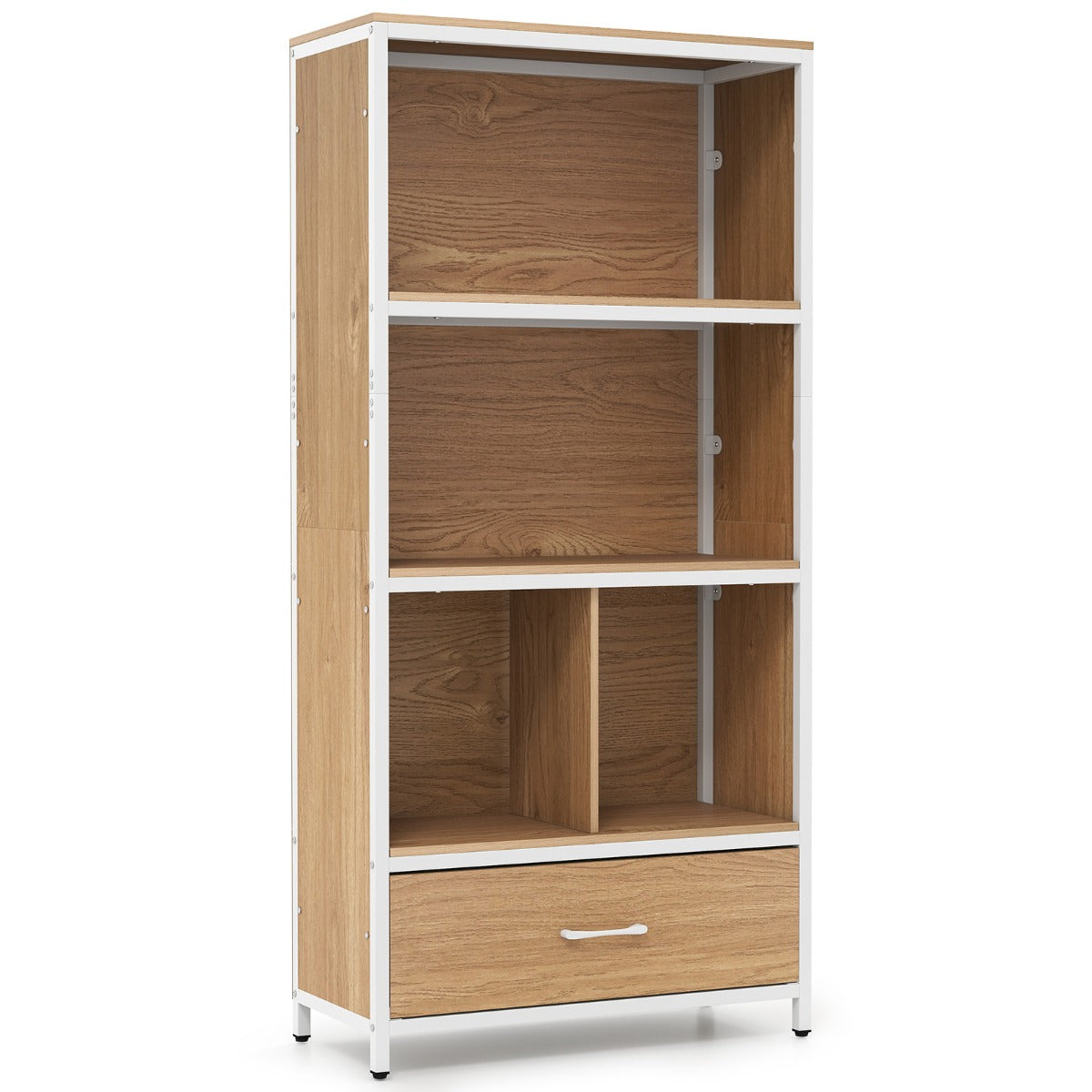 LIVSK Boekenkast - Stevig Hout en Metaal - 2 Open Planken en Stoffen Lade - Kantelbeveiliging - Bruin/Naturel