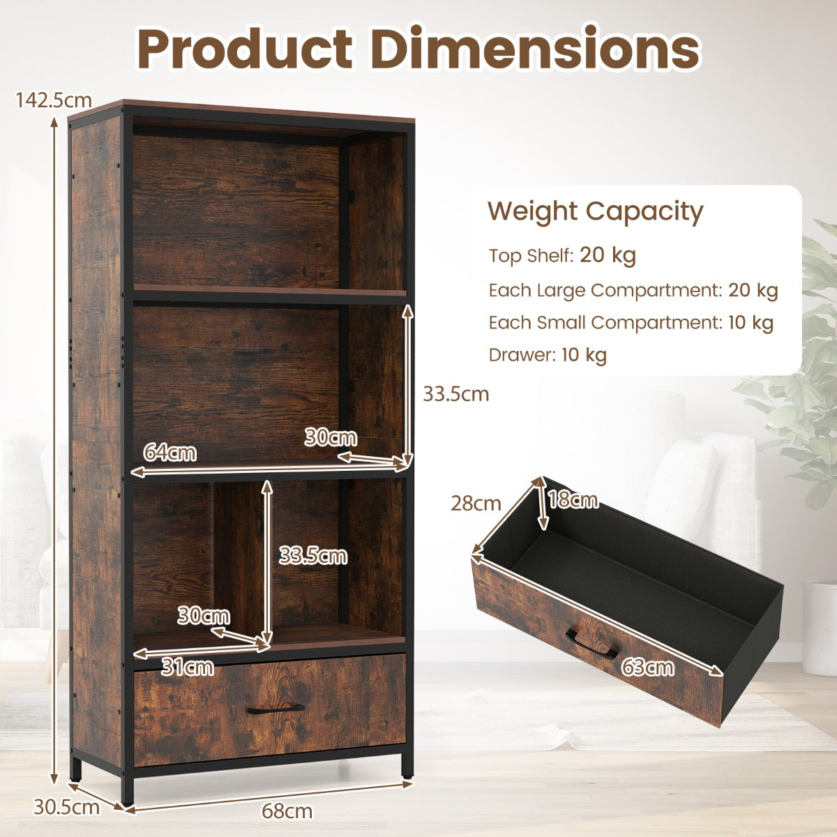 LIVSK Boekenkast - Stevig Hout en Metaal - 2 Open Planken en Stoffen Lade - Kantelbeveiliging - Bruin/Naturel