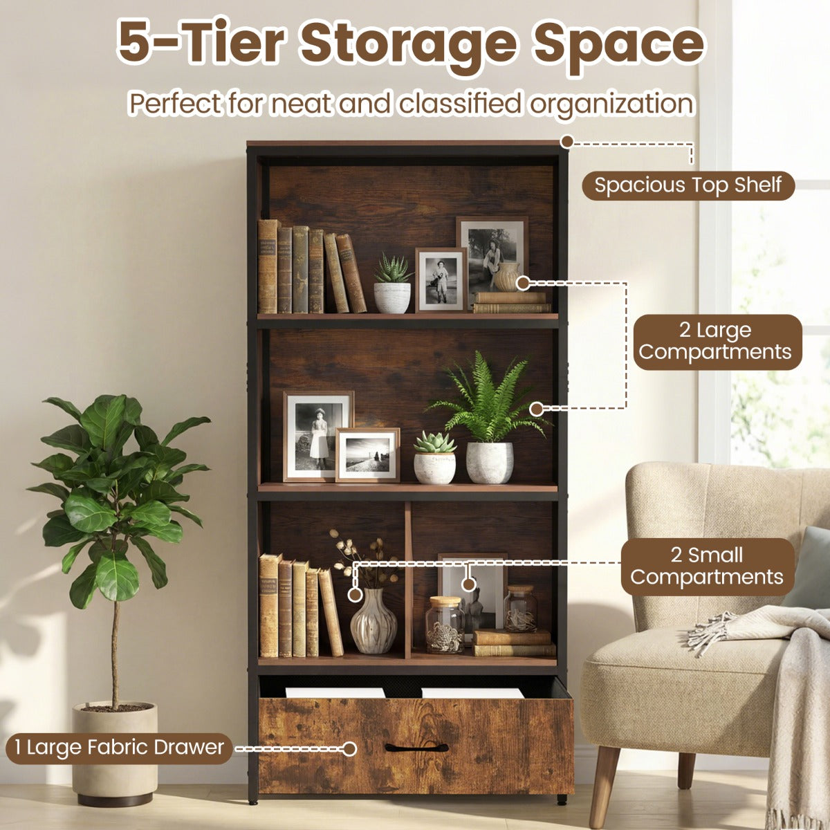 LIVSK Boekenkast - Stevig Hout en Metaal - 2 Open Planken en Stoffen Lade - Kantelbeveiliging - Bruin/Naturel