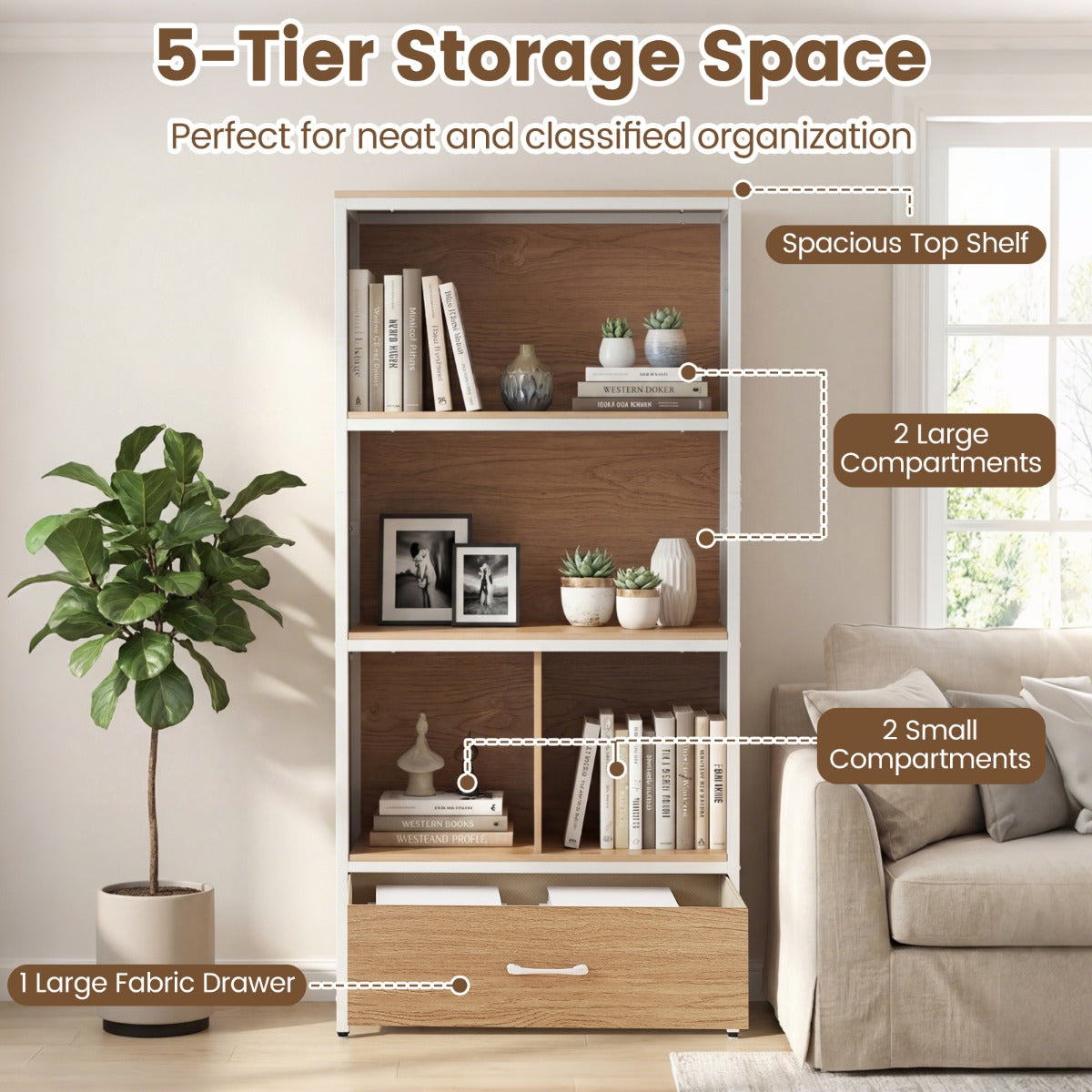 LIVSK Boekenkast - Stevig Hout en Metaal - 2 Open Planken en Stoffen Lade - Kantelbeveiliging - Bruin/Naturel