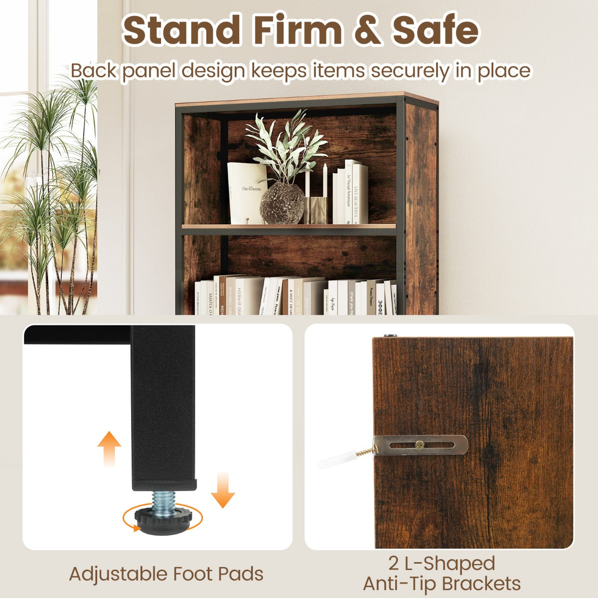 LIVSK Boekenkast - Stevig Hout en Metaal - 2 Open Planken en Stoffen Lade - Kantelbeveiliging - Bruin/Naturel
