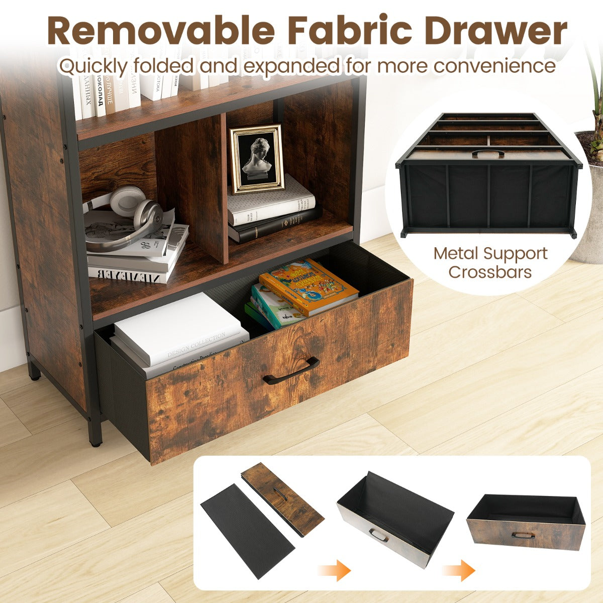 LIVSK Boekenkast - Stevig Hout en Metaal - 2 Open Planken en Stoffen Lade - Kantelbeveiliging - Bruin/Naturel