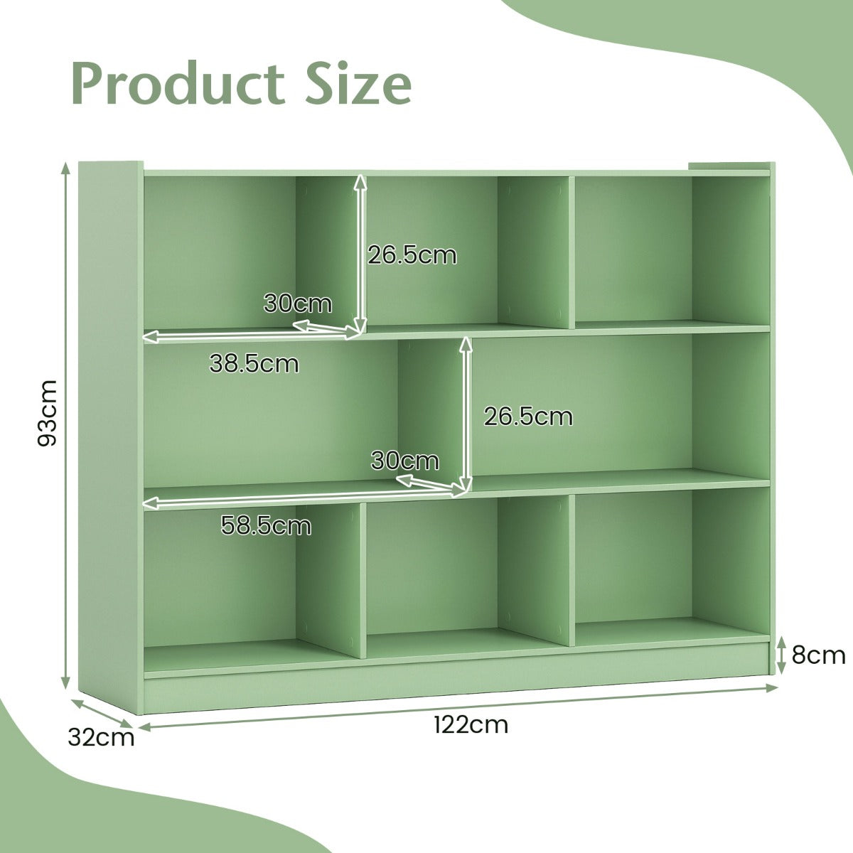 LIVSK Boekenkast - Stevig Houtmateriaal - 8 Open Vakken - Draagvermogen tot 220 kg - Eenvoudige Montage - Groen