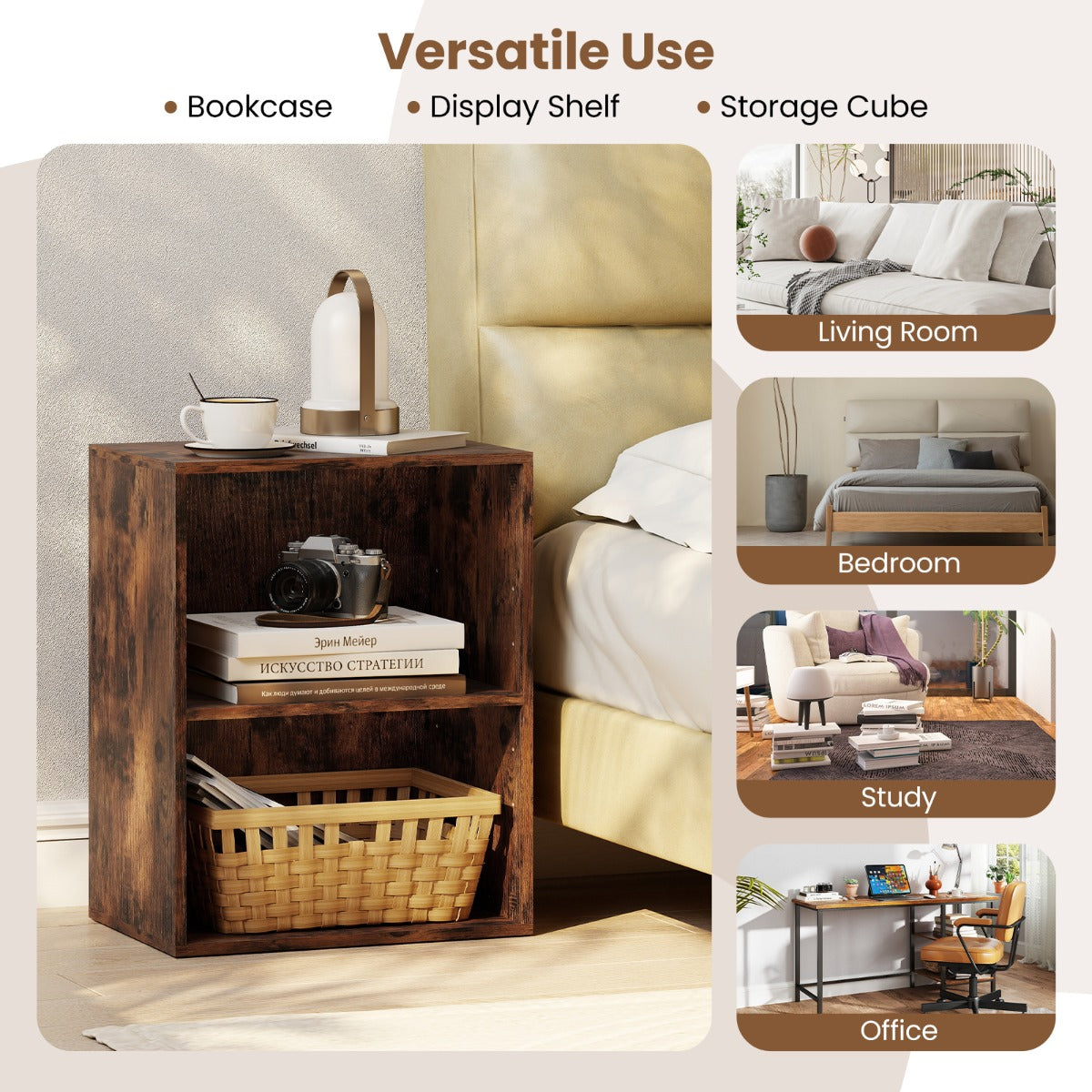 LIVSK Boekenkast - Verstelbare Plank in 5 Standen - 2 Open Vakken - Eenvoudige Installatie - Rustiek Bruin/Zwart/Naturel