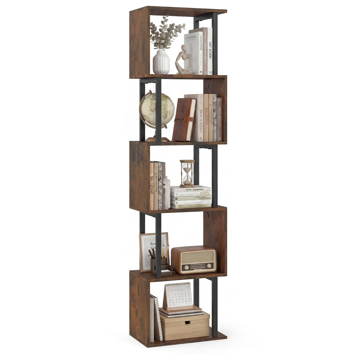 LIVSK Boekenrek met 5 Planken - Geometrisch Ontwerp - Robuust Metaal en Hout - Kantelbeveiliging - Zwart/Rustiek Bruin