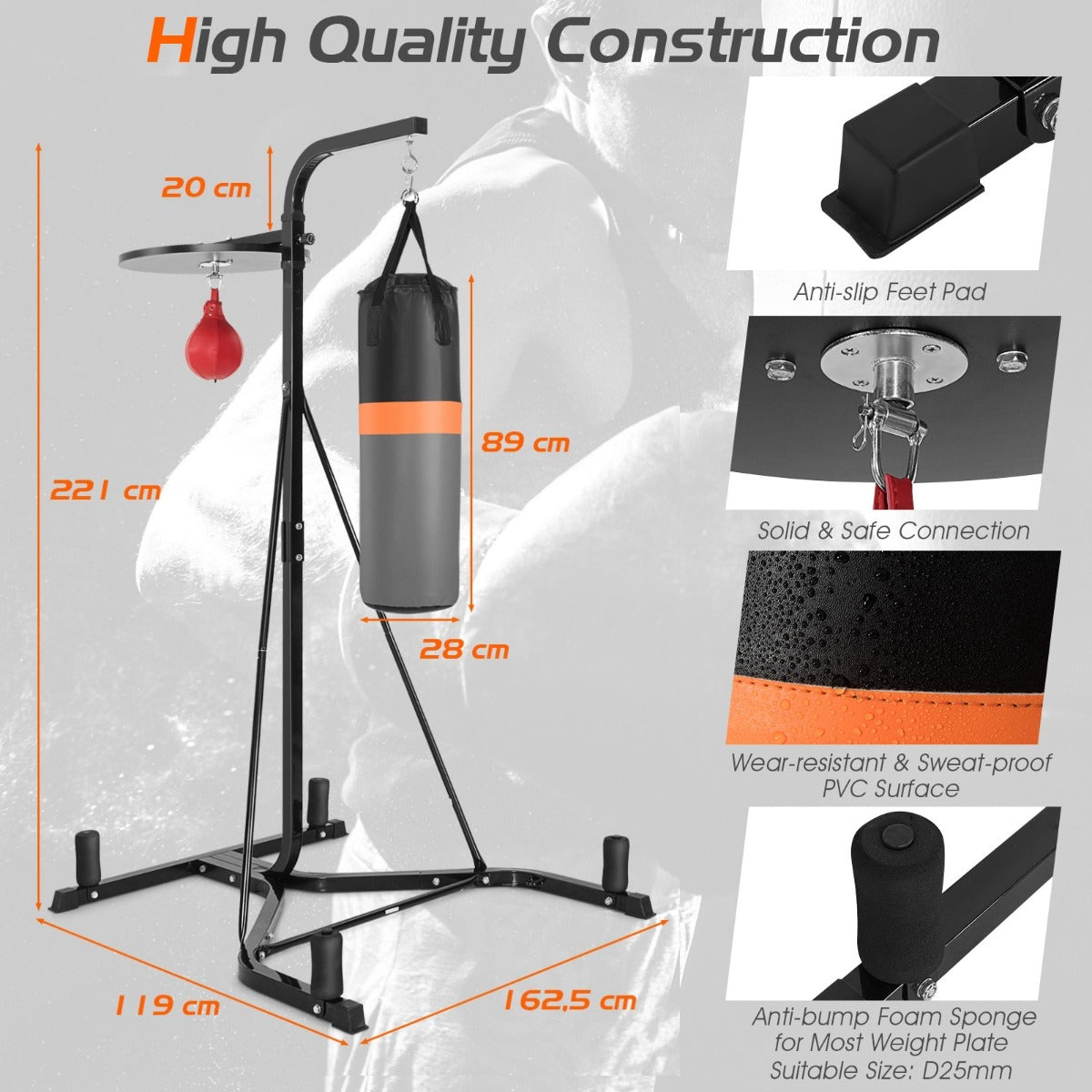 LIVSK Bokszakhouder - 2-in-1 Multifunctioneel - Verstelbare Speedball - Robuuste Stalen Constructie - Zwart