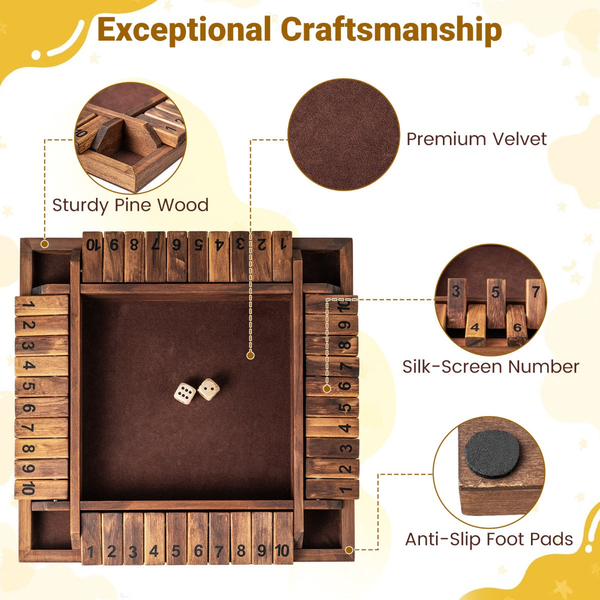 LIVSK Bordspel “Shut the Box” - Voor 2-4 Spelers - Educatief & Vermakelijk - Stevig Grenenhout - Compact 30 x 30 x 3,8 cm -