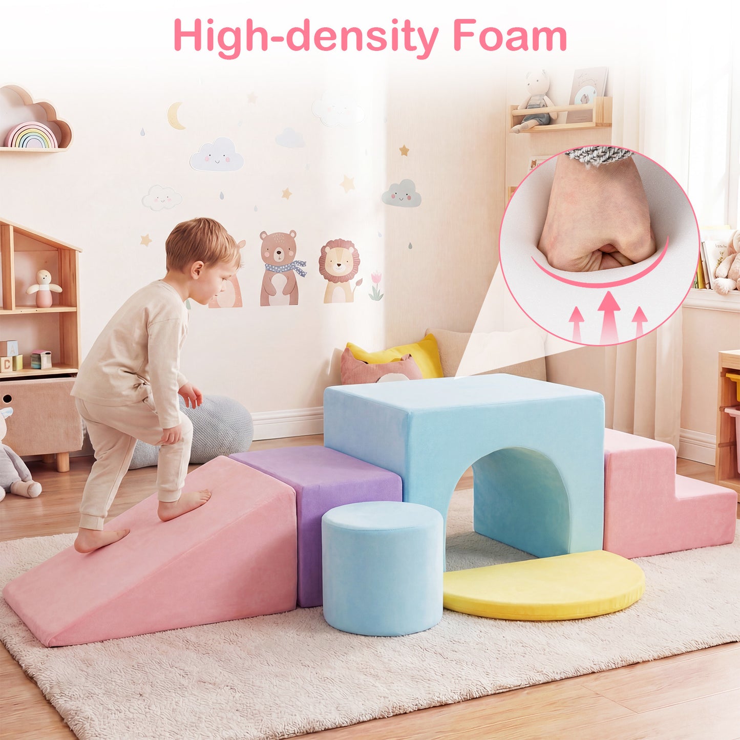 LIVSK Bouwstenen Set - 6-delige Fluweel Bekleding - Afneembare Hoes - Stimuleert Motoriek - Geschikt voor Kinderen - Roze/Rood/Wit